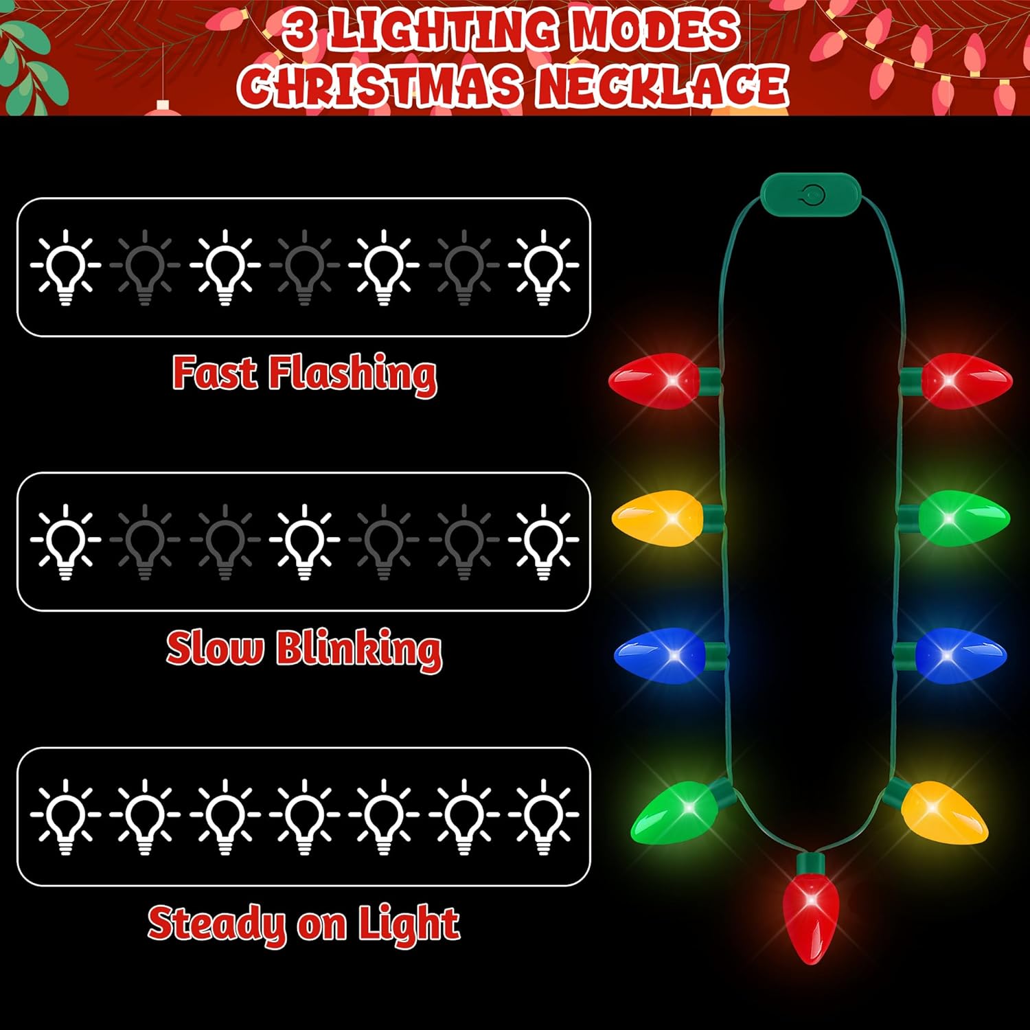 30Pcs Christmas Necklace, 40 In Light Up Christmas Necklaces, Colorful 9 Bulbs Christmas Bulb Necklace Bulk, 3 Glow Modes Party Favors for Ugly Sweater Xmas New Year Party Supplies Accessories