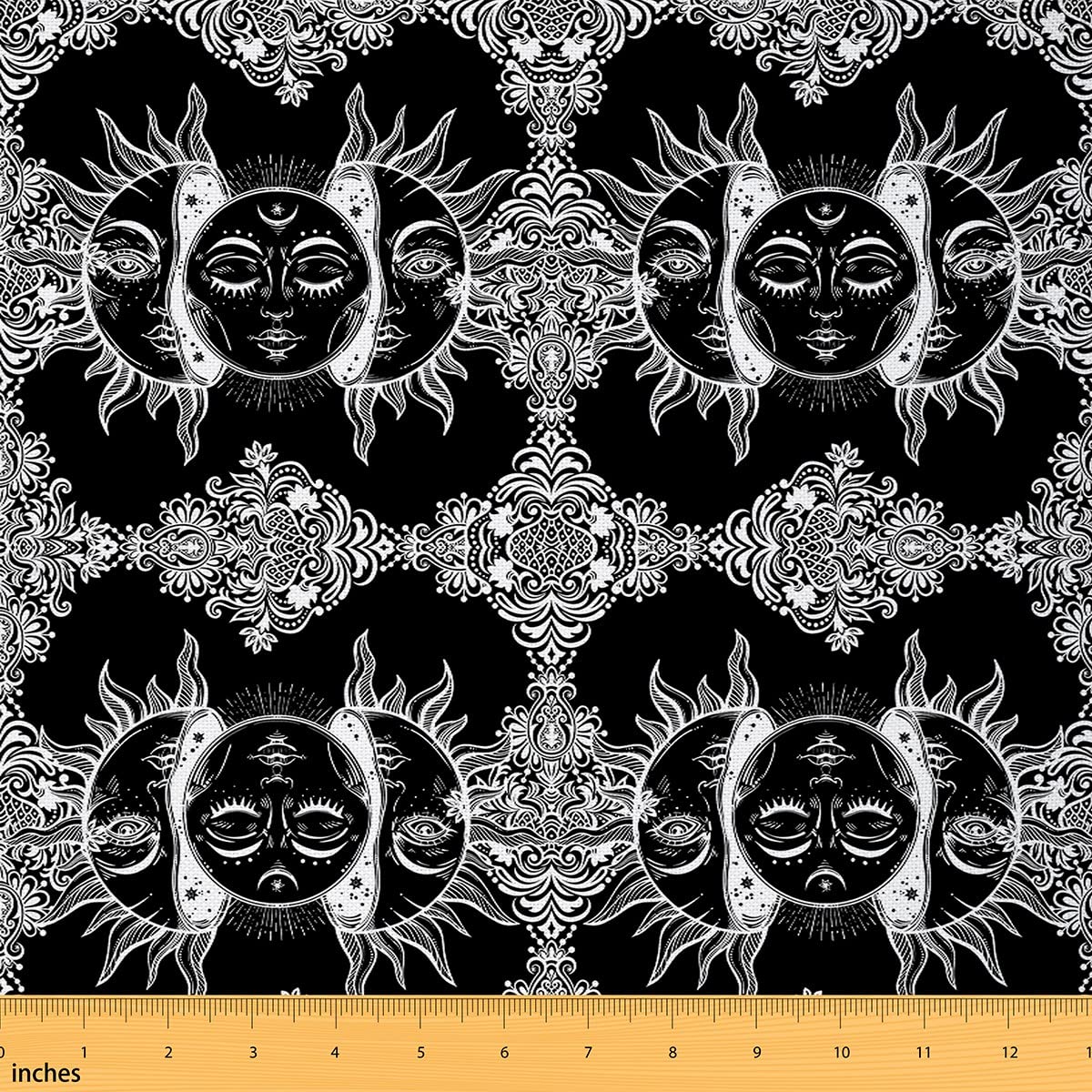 Sun and Moon Fabric by The Yard, Boho Exotic Style Upholstery Fabric, Bohemian Mandala Decor Indoor Outdoor Fabric, DIY Botanical Floral Decorative Fabric for Quilting Sewing, 1 Yard, Black White