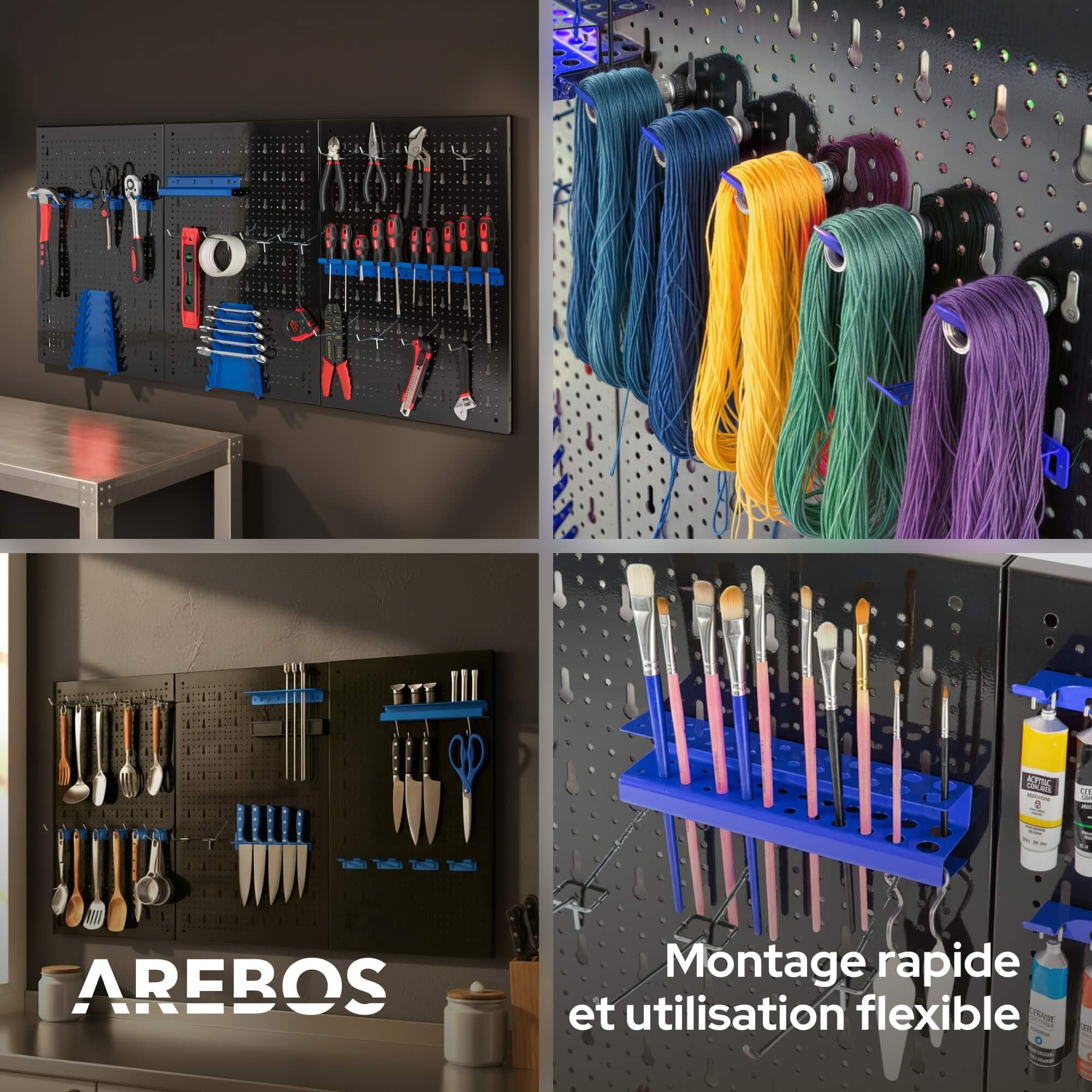Arebos Paroi à outils en trois parties | Jeu de 17 crochets bleu | 117,6 x 59,5 x 2 cm | Paroi à outils perforée en métal + supports + matériel de montage