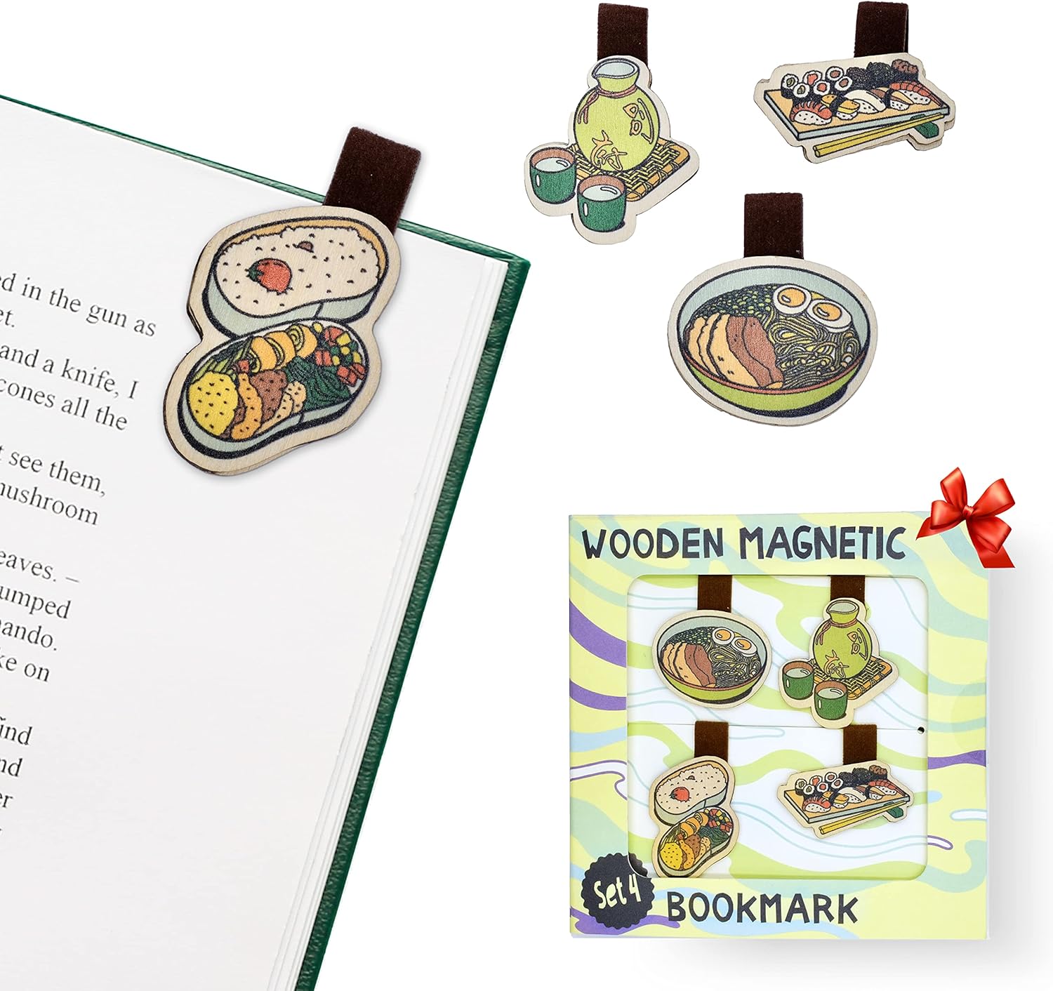 Kawaii Magnetic Bookmarks, Handmade Wooden Bookmarks, Japanese Bookmark for Women Men Kids, Cute Bookmarks Book Lovers Gifts, Unique Japanese Gifts Ideas | 4 Pieces, Japan Food