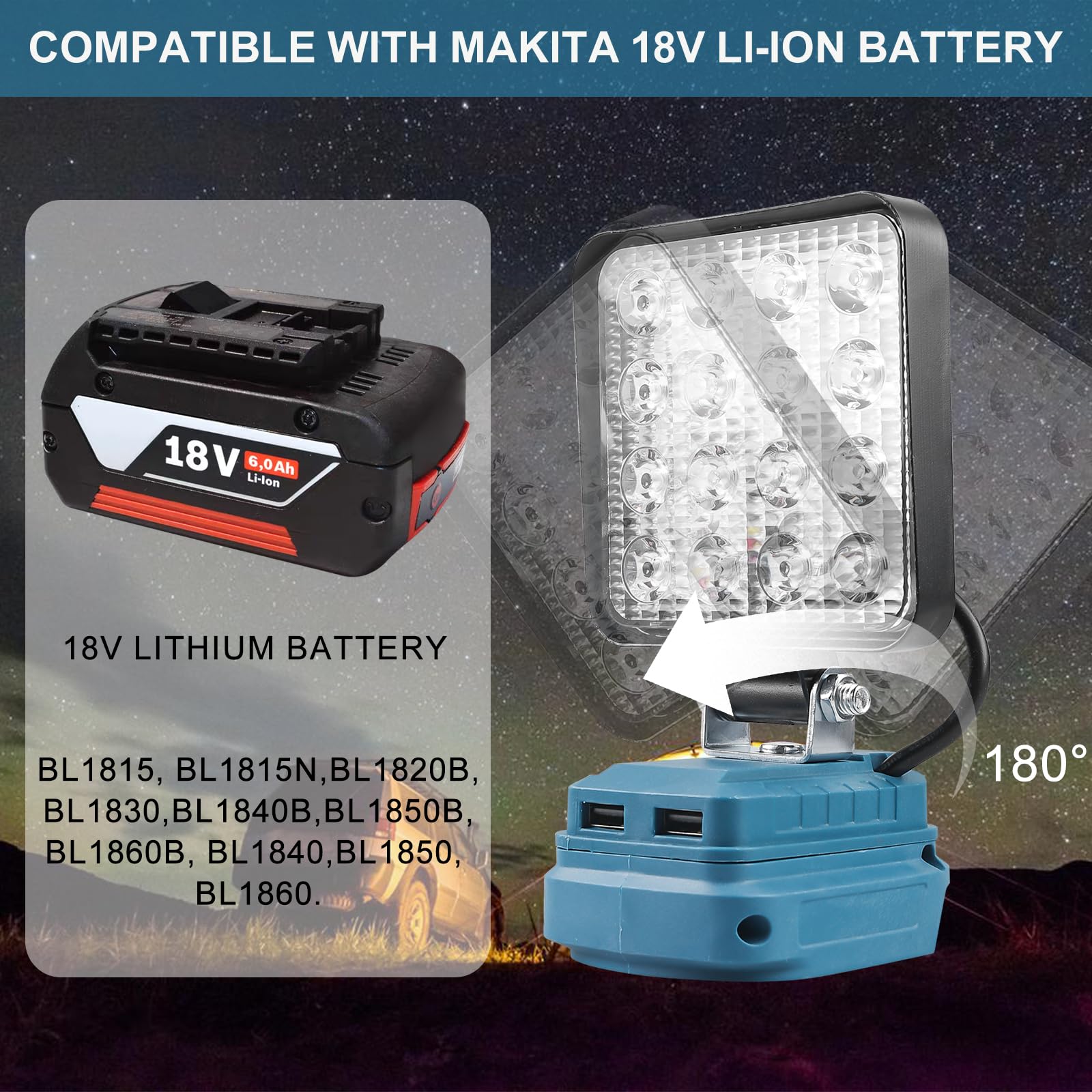 Akumulatorowa lampa do Makita 18 V, 18 W, 5400 lm, wielofunkcyjna lampa robocza LED, przenośny reflektor na plac budowy, Makita, 18 V, latarka na kemping, do naprawy samochodu, w sytuacjach awaryjnych