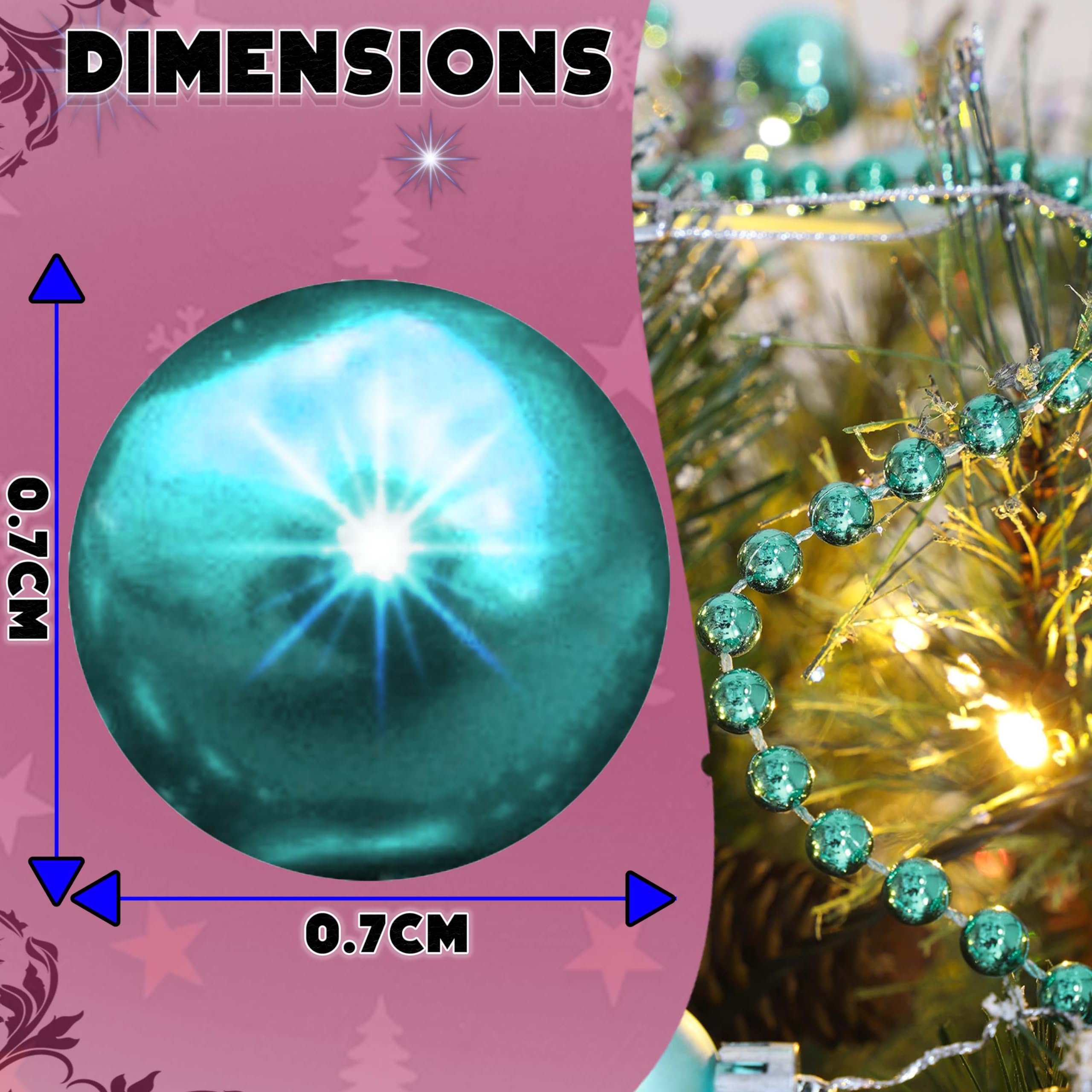 3x Turquoise 10M Bead Garlands, Luxury Plastic Christmas Bead Chains, Shiny Pearl Beads for Xmas Tree Party Decor - Image 2