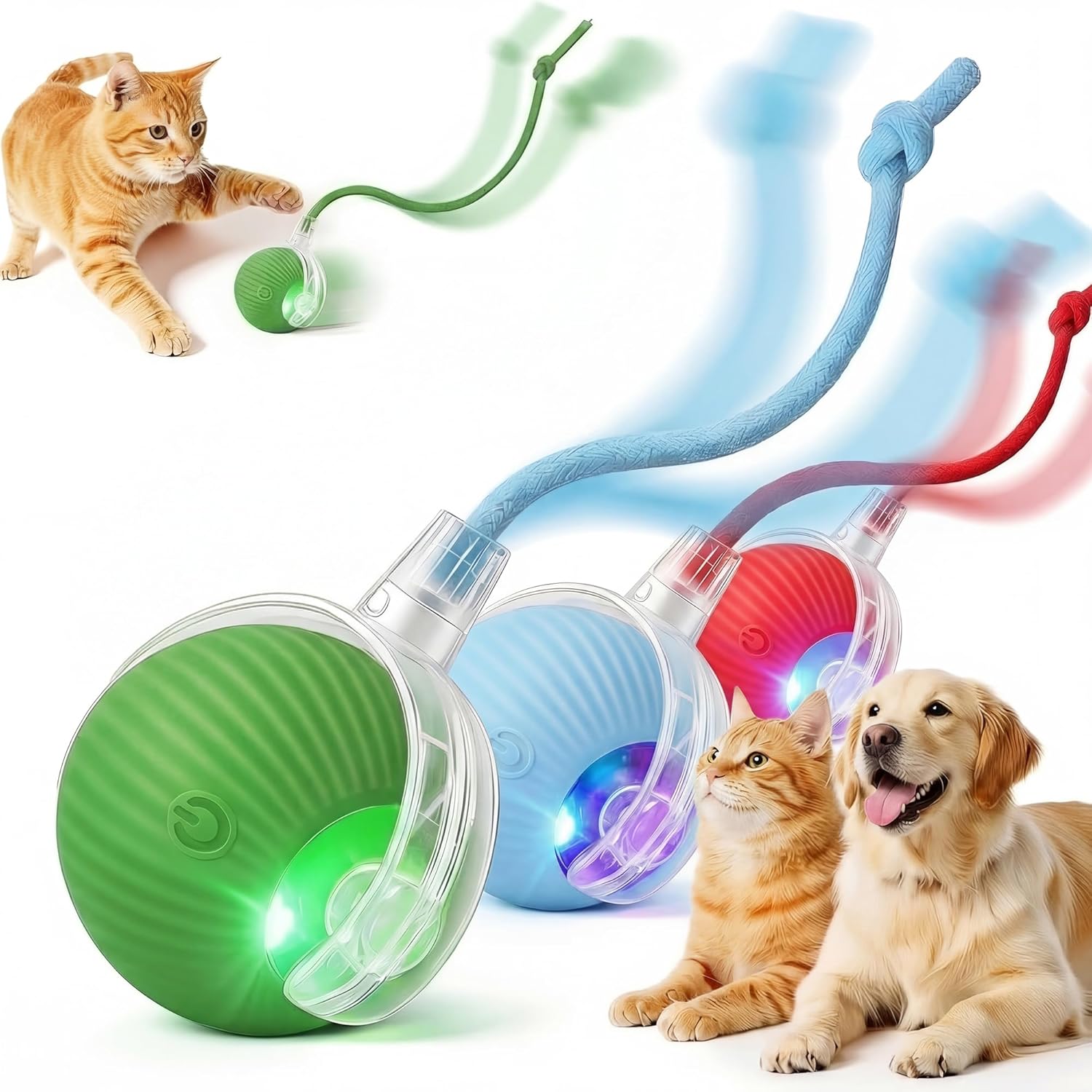 Interactive Cat Toy Ball, Automatic Intercative Cat Toys for Indoor Cats, The 3rd Generation Agile Moving Cat Ball with Elastic Mesh Tail, Toys for Indoor Adult Cats (Red, Blue, Green)
