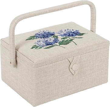Hobby Gift Medium Sewing Box Organiser with Handle - Cotton Basket Sewing Storage Box, Craft Storage Boxes with Compartments for Tools & Accessories - 18.5 x 25.5 x 14.5cm, Hydrangea