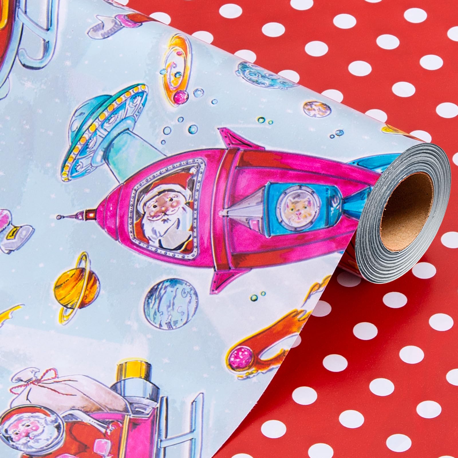Wikadlik Reversible Christmas Wrapping Paper - 43cm x 10m Cute Santa Claus Astronaut Presents Packing Paper - Space Theme Red Polka Dots Design