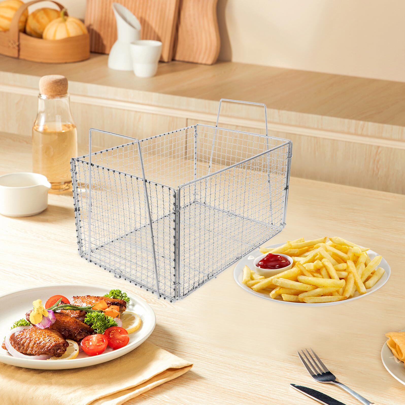 BESPORTBLE Cestello Pieghevole in Acciaio Inox per Cucina, Filtro Olio e Scolapasta, per Friggere e Lavare Verdure, Colore Argento, Design Salvaspazio