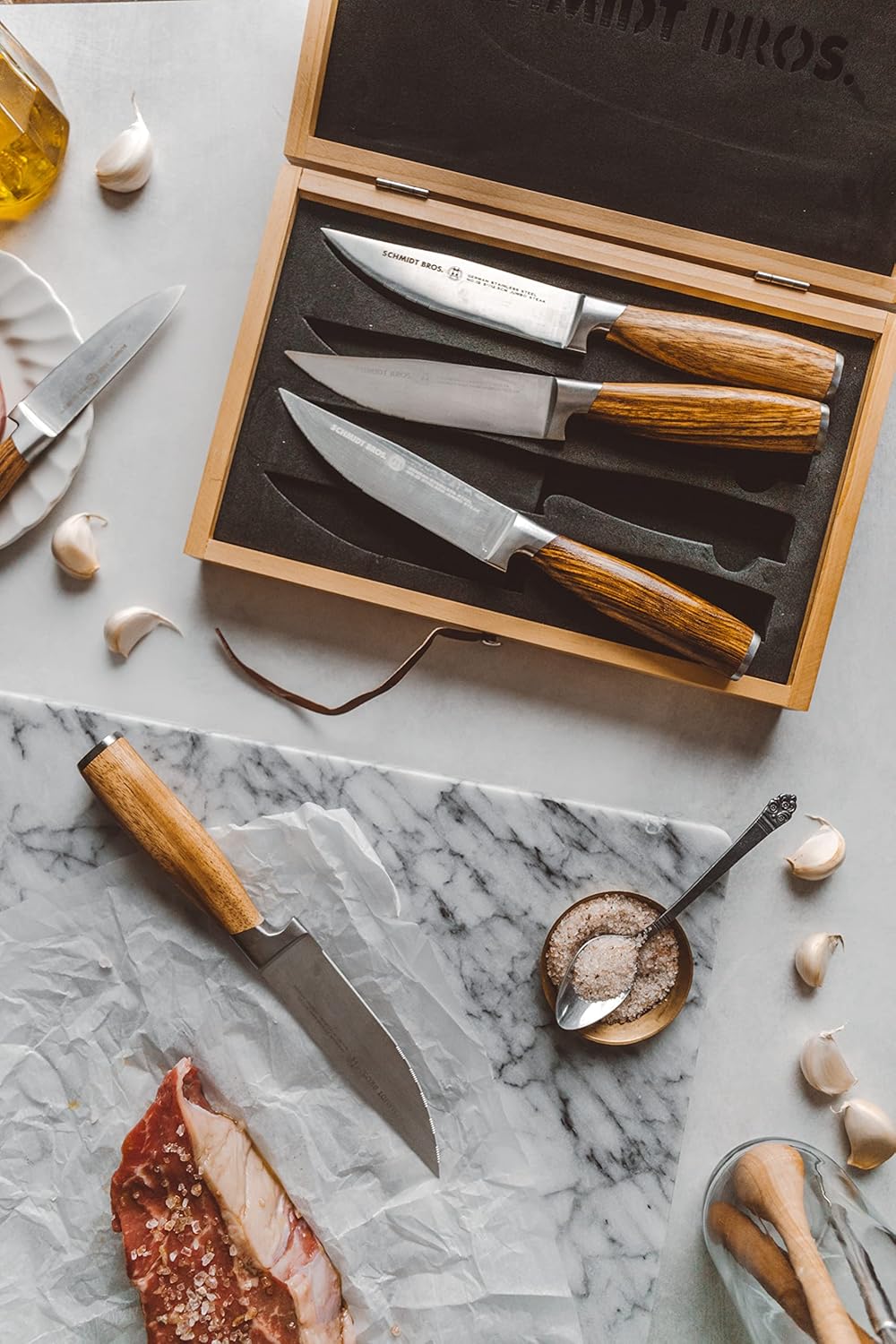 Schmidt Brothers - Zebra Wood 4-Piece Jumbo Steak Knife Set, High-Carbon German Stainless Steel Cutlery in a Wood Gift Box