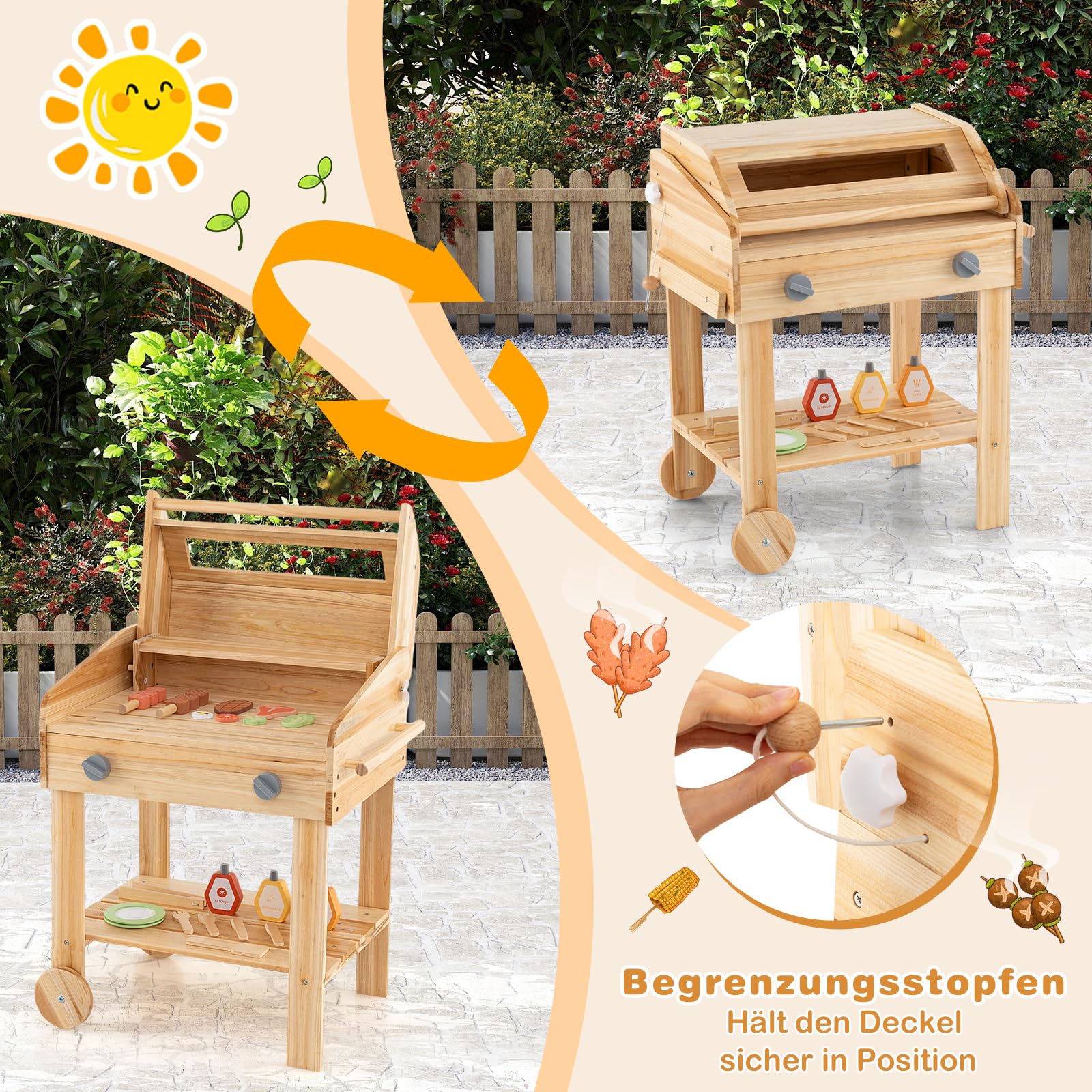 DREAMADE Kindergrill aus Holz, BBQ Grill Spielzeugset mit Grillwerkzeugen & Gewürzflaschen, Küchen-Rollenspielset mit 25 Zubehörteilen & Rädern, für Kinder ab 3 Jahren