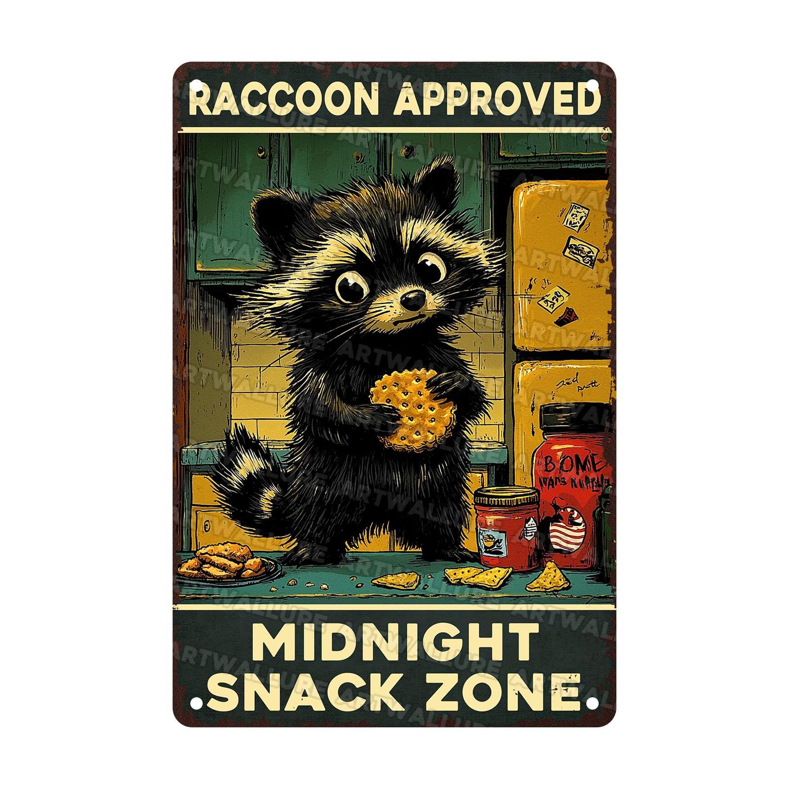 Raccoon Metal Tin Sign Raccoon Approved Midnight Snack Zone Kitchen Decor Vintage Wall Art Rustic Retro Plaque 8x12Inch