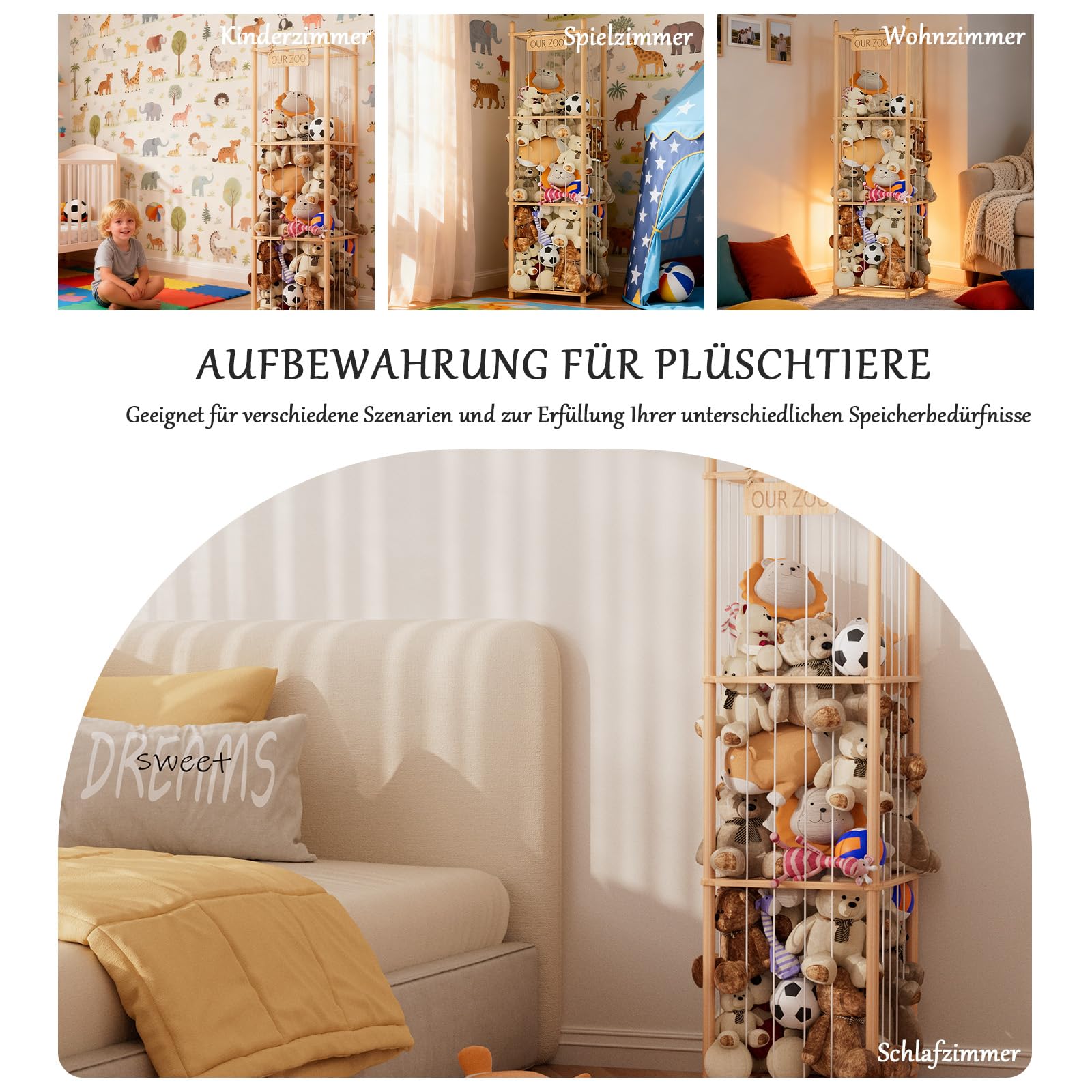 Kuscheltier Aufbewahrung mit Netz, Stofftiere & Plüschspielzeug Massivholz Organizer, Großes Fassungsvermögen Aufbewahrungsregal für Kinderzimmer, Wohnzimmer & Schlafzimmer 137x40x40cm