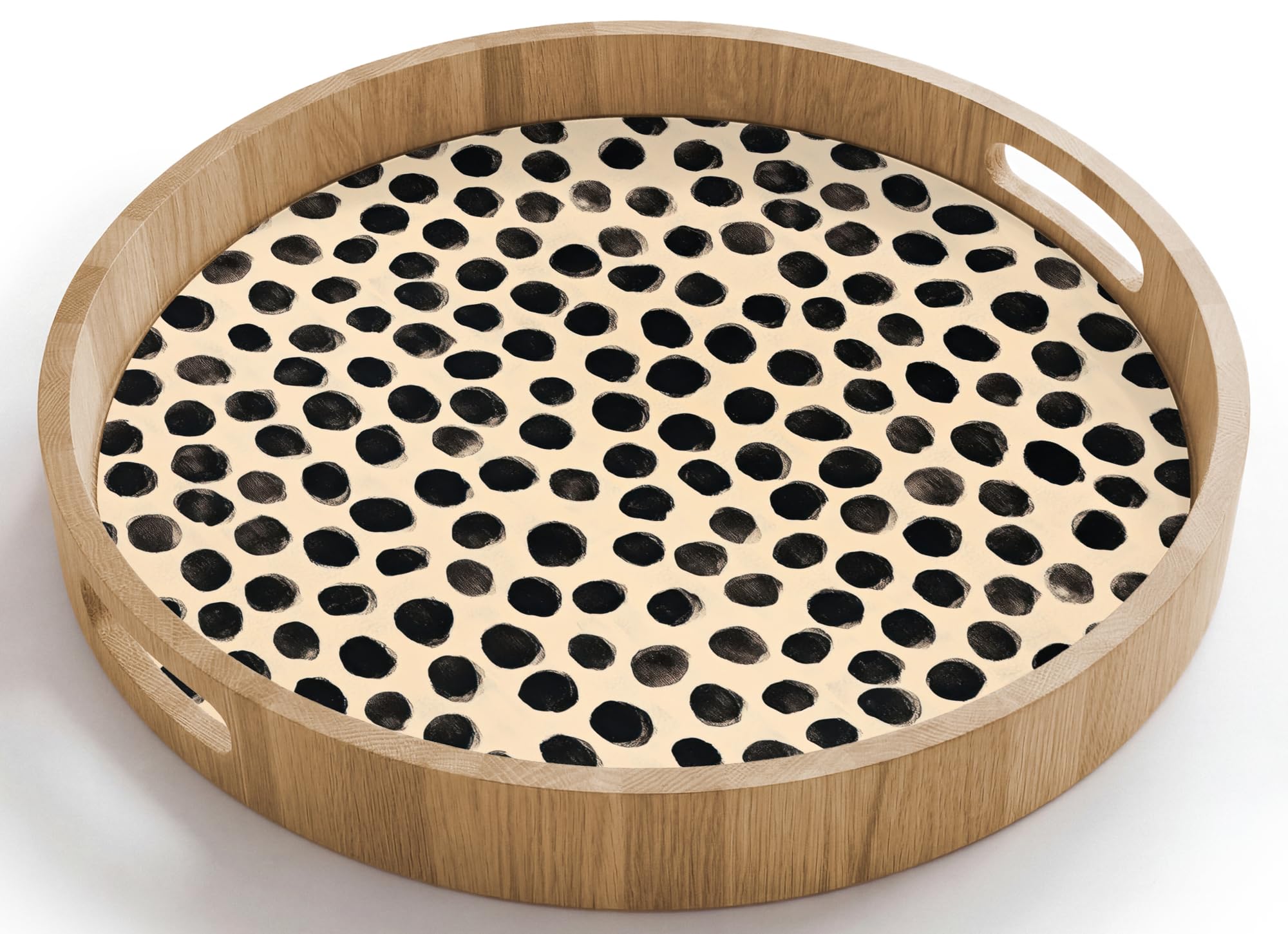 Bandejas Redonda 40x40 cm Bandeja Cafe para Servir Comida Bonitas Resistente Al Calor Tray De Madera Desayuno Cocina Tabuleiro Lunares - Patrón - Negro