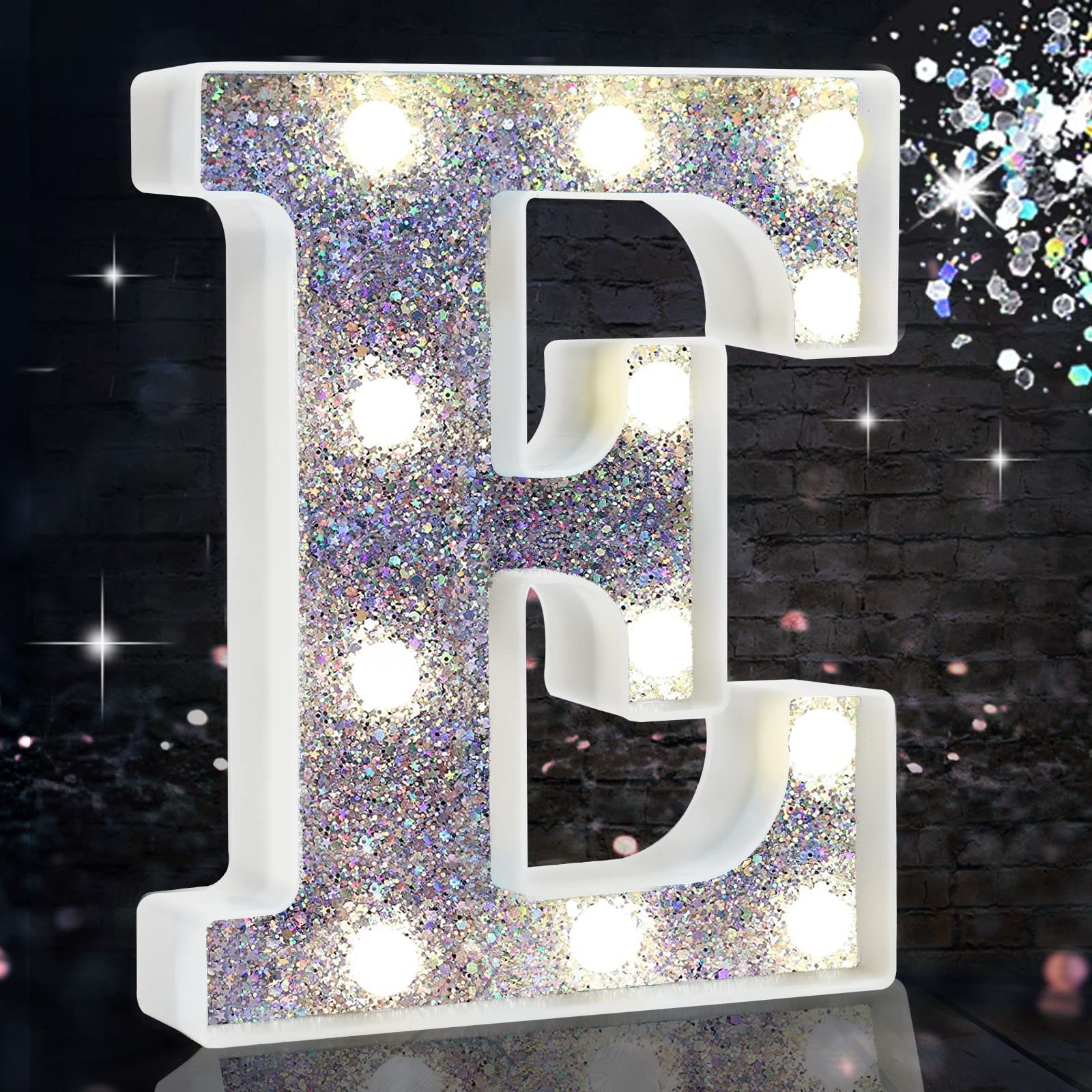 LED Marquee Letter Lights, Light Up Silver Letters for Bedroom Glitter Gifts for Teenage Girls Alphabet Letter Sign Battery Powered Night Light Birthday Party Wedding Home Decoration, Silver Letter E