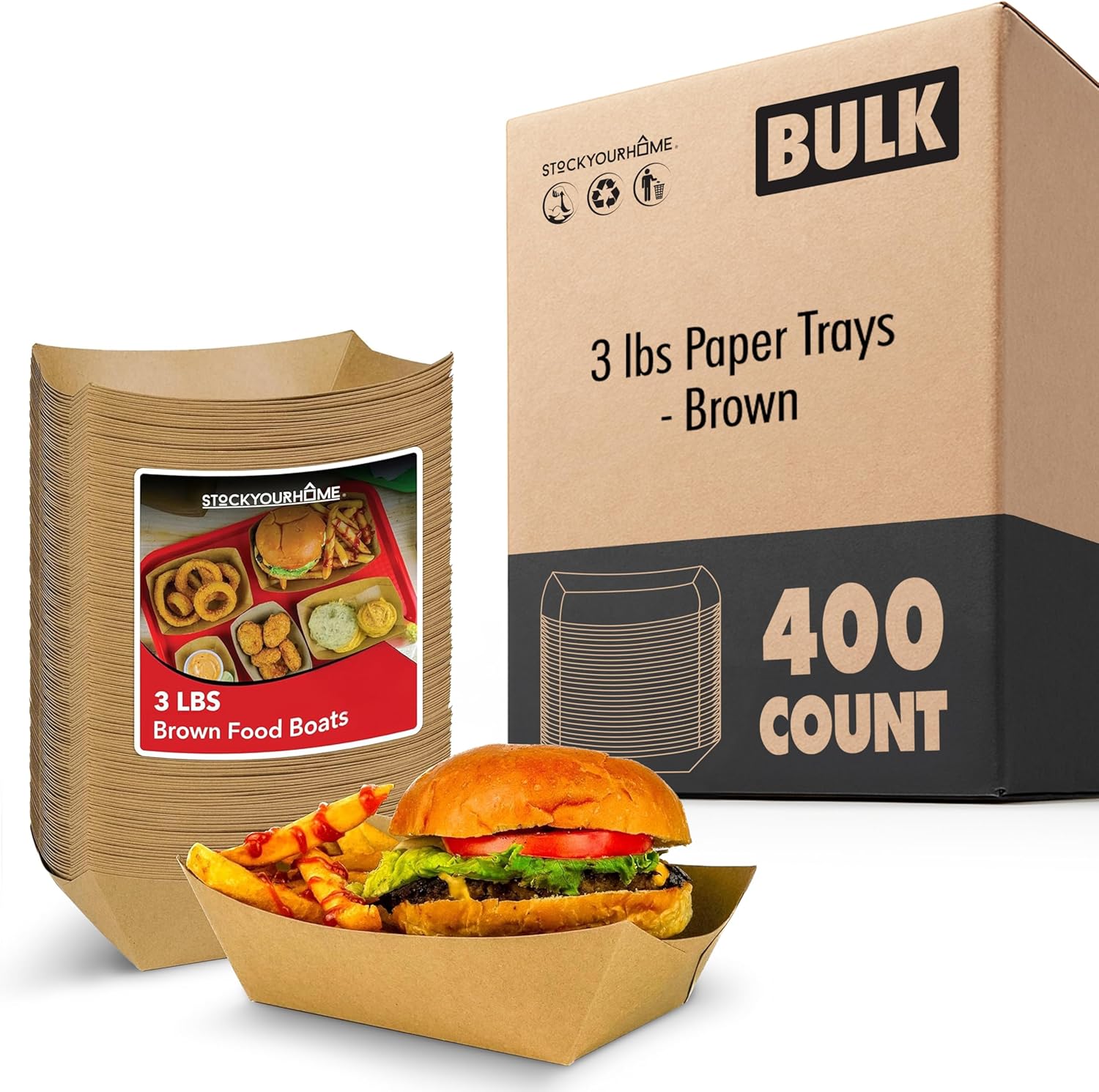 Stock Your Home 400 Pack 3 lb Brown Trays, Extra Large Disposable Concession Boats for Party Snacks Taco Bar Seafood Nachos and BBQ Carnival or Birthday