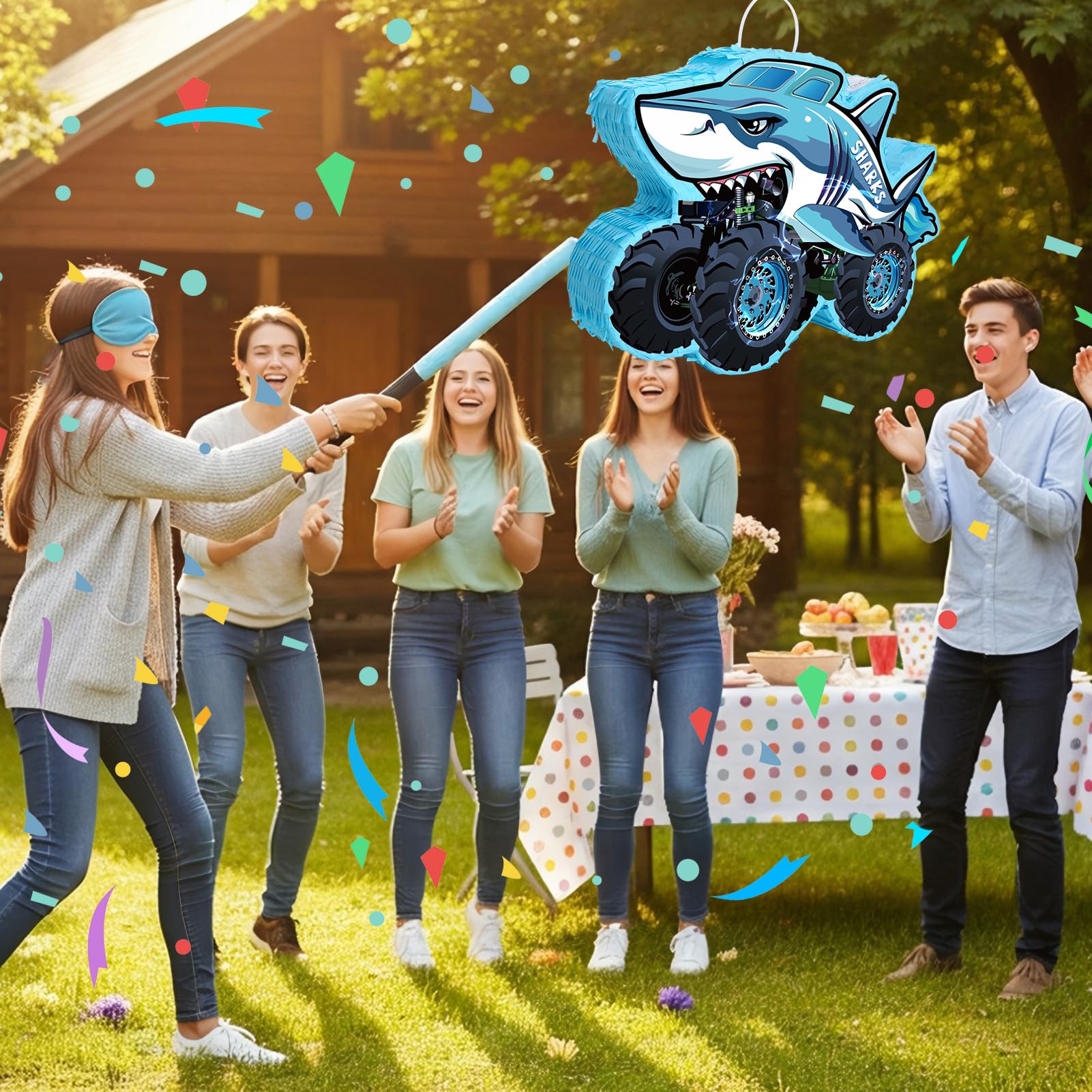 Piñata Shark Truck - Piñata de camión monstruo con venda para los ojos y murciélago para fiestas de cumpleaños, piñata de camión monstruo para decoraciones temáticas de 16 x 12 x 3 pulgadas