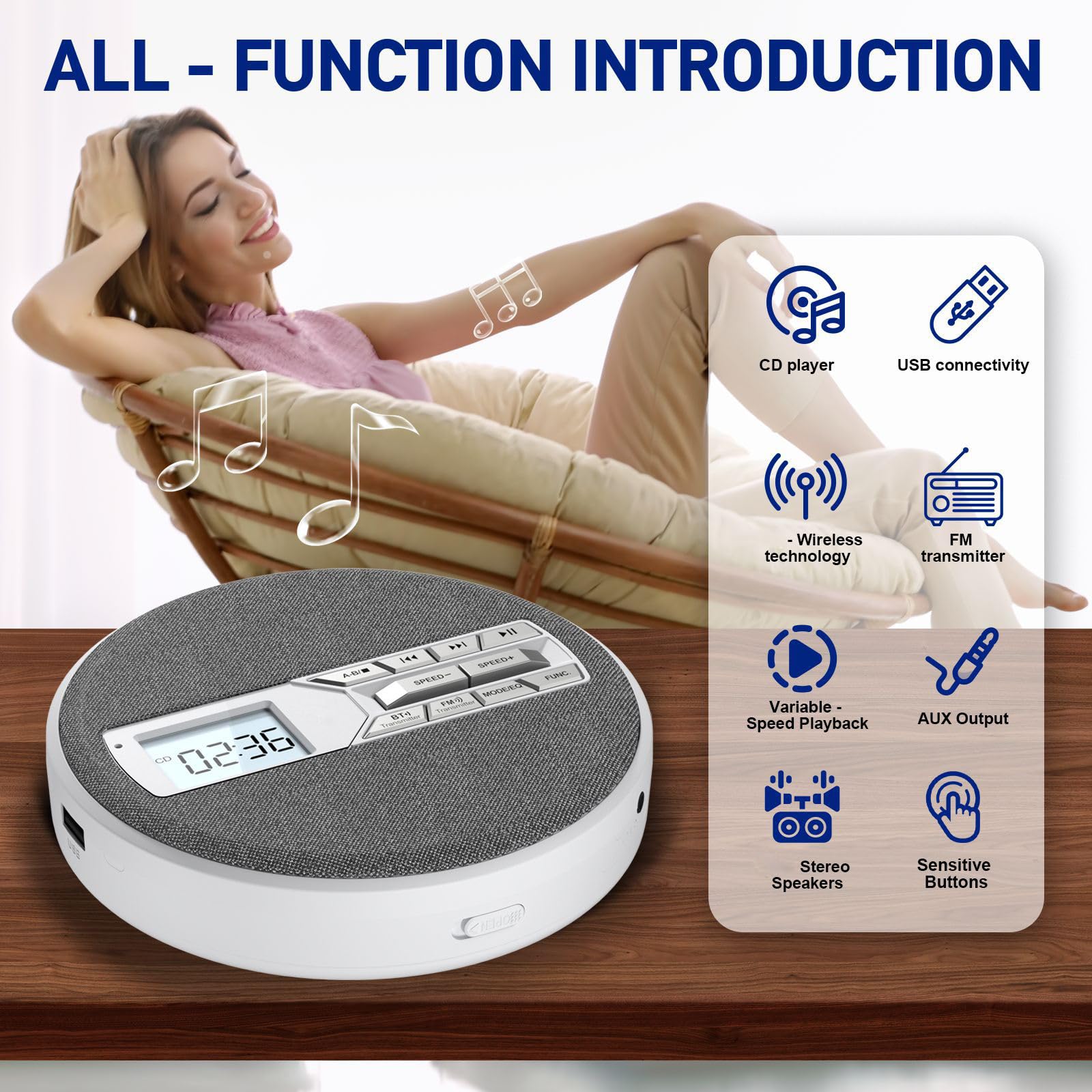 Lettore musicale multiformato con uscita da 3,5 mm e pulsante retroilluminato per disco LCD per casa e viaggio