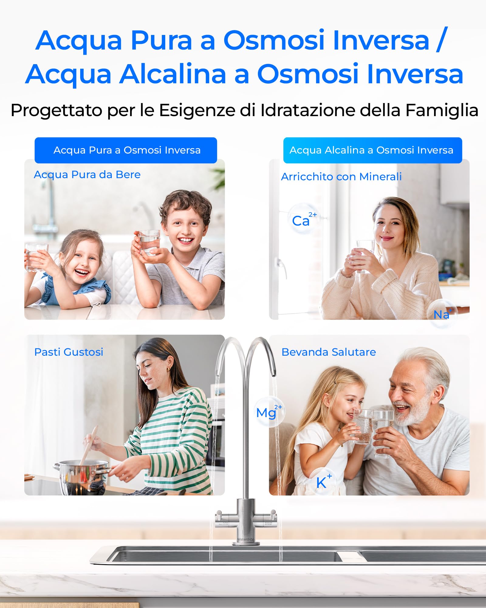 Waterdrop T4-A Sistema a Osmosi Inversa Alcalina pH+, Doppio Flusso, Certificato NSF/ANSI 372, Filtrazione a 10 Stadi, Sistema di Filtrazione Acqua RO Senza Serbatoio da 450 GPD