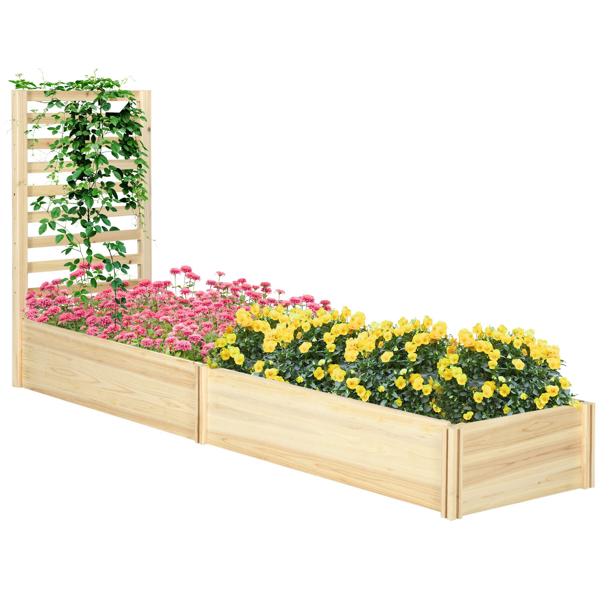 Outsunny Letto per Orto Rialzato da Esterno in Legno di Abete con 2 Fondo Aperto e Spalliera, Fioriera da Esterno con Grigliato per Piante Rampicanti, per Fiori, Piante, 230x60x110 cm, Color Legno