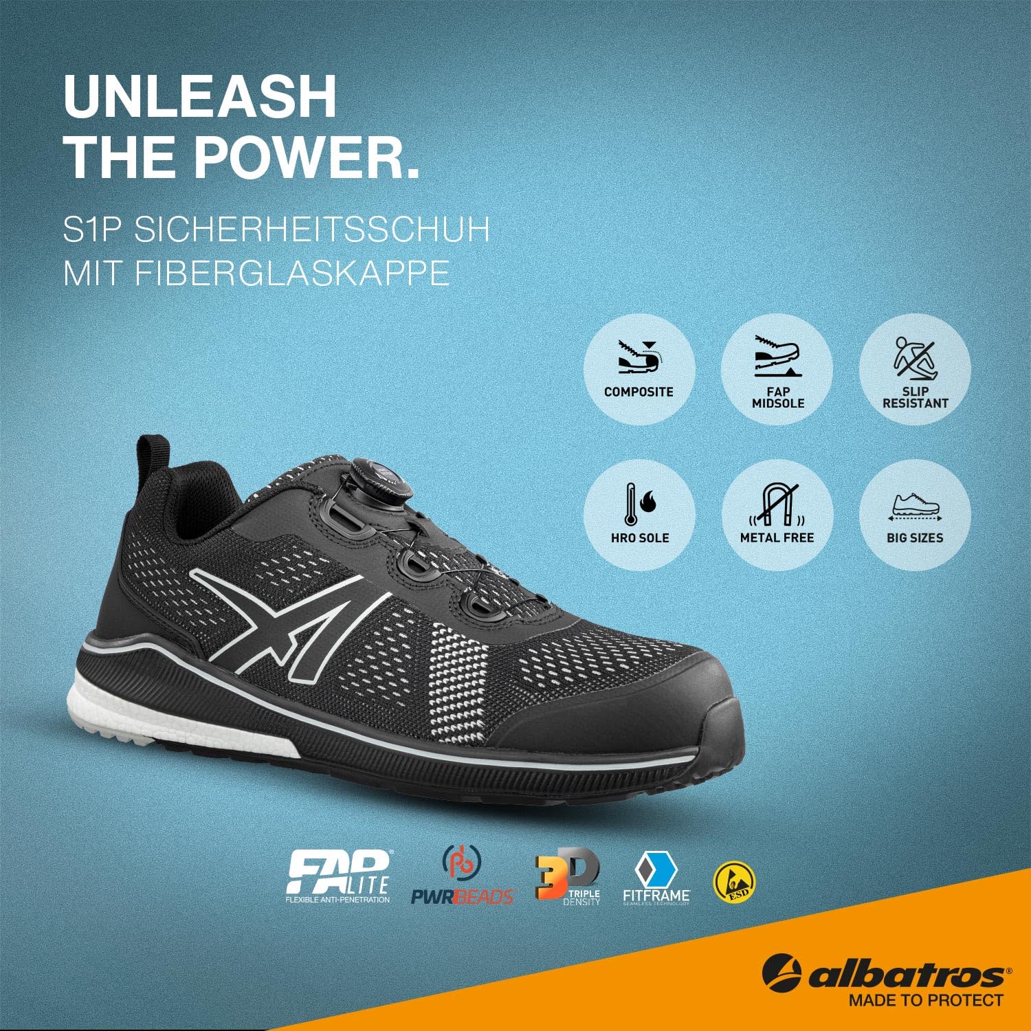 ALBATROS Voltage Black QL Low buty robocze, buty ochronne, S1P ESD HRO SRC, czapka z włókna szklanego, oddychająca, antypoślizgowa, bez metalu, dla mężczyzn, czarny, 47 EU