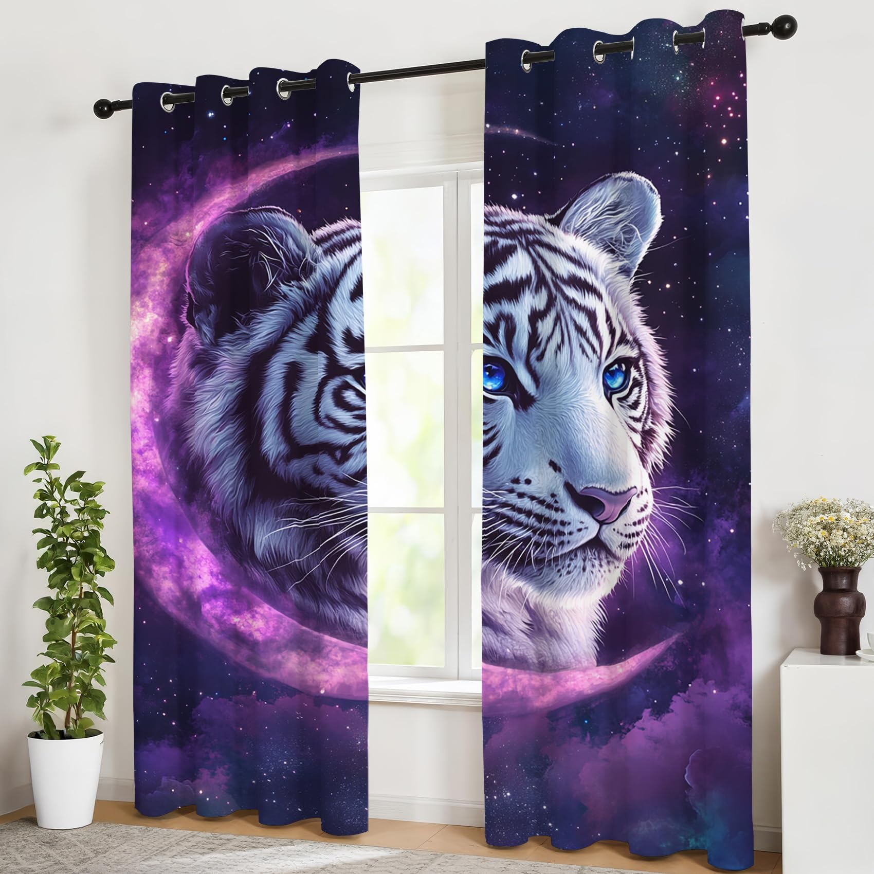Tiger Vorhänge Galaxie Sternenhimmel Mond Vorhang Blickdicht Gardinen 137 cm Hoch Verdunklungsvorhänge mit Ösen Thermovorhang für Wohnzimmer Schlafzimmer Kinderzimmer Fenster Deko 2er Set
