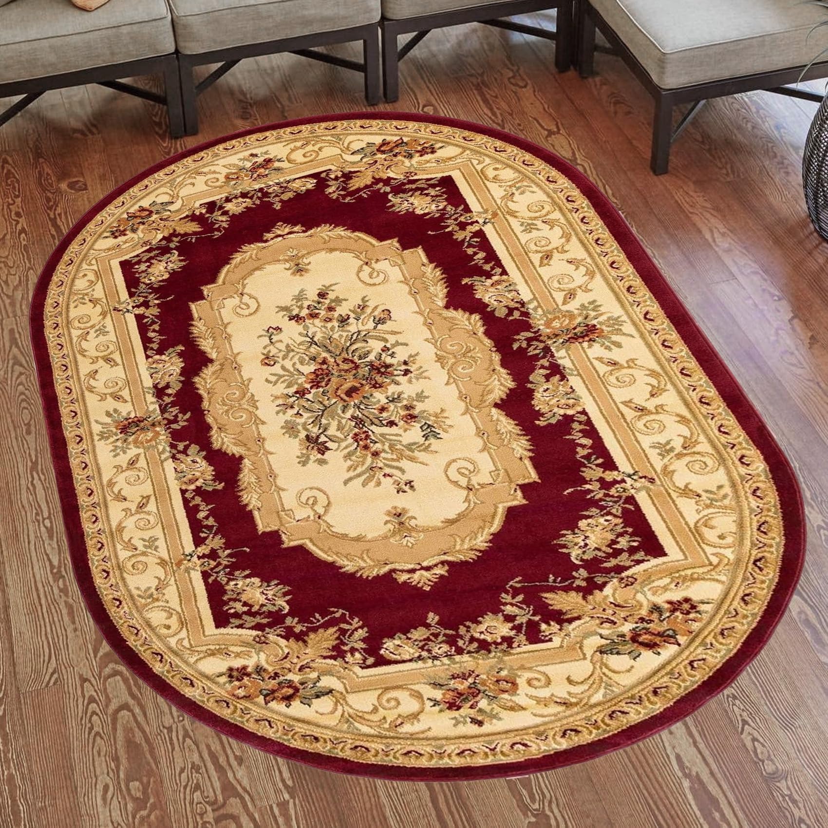Tapis de prestige oriental floral jaune rouge vintage 120 x 200 cm forme ovale