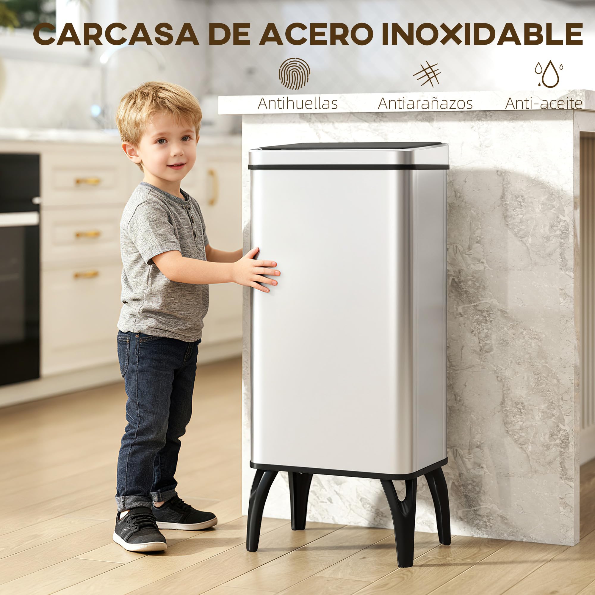 HOMCOM Cubo de Basura Cocina Automático 50 L con Sensor Infrarrojo Plata | Papelera de Cocina de Acero Inoxidable, Cierre Suave, Patas, Anillo de Retención, Antihuellas, para Oficina, Hogar