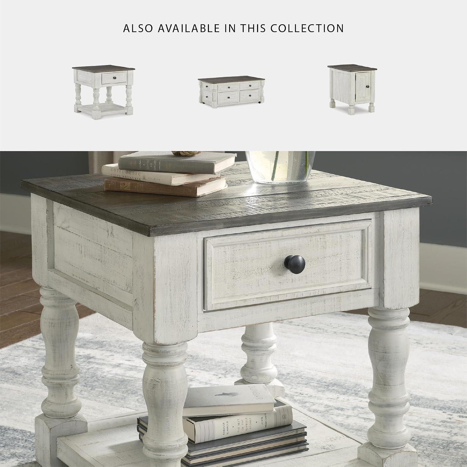 Signature Design by Ashley Havalance 1-Piece Square End Table, White/Gray | Pine wood, Pine veneer and engineered wood, Open lower storage shelf, 1 storage drawer, 25 inch square design
