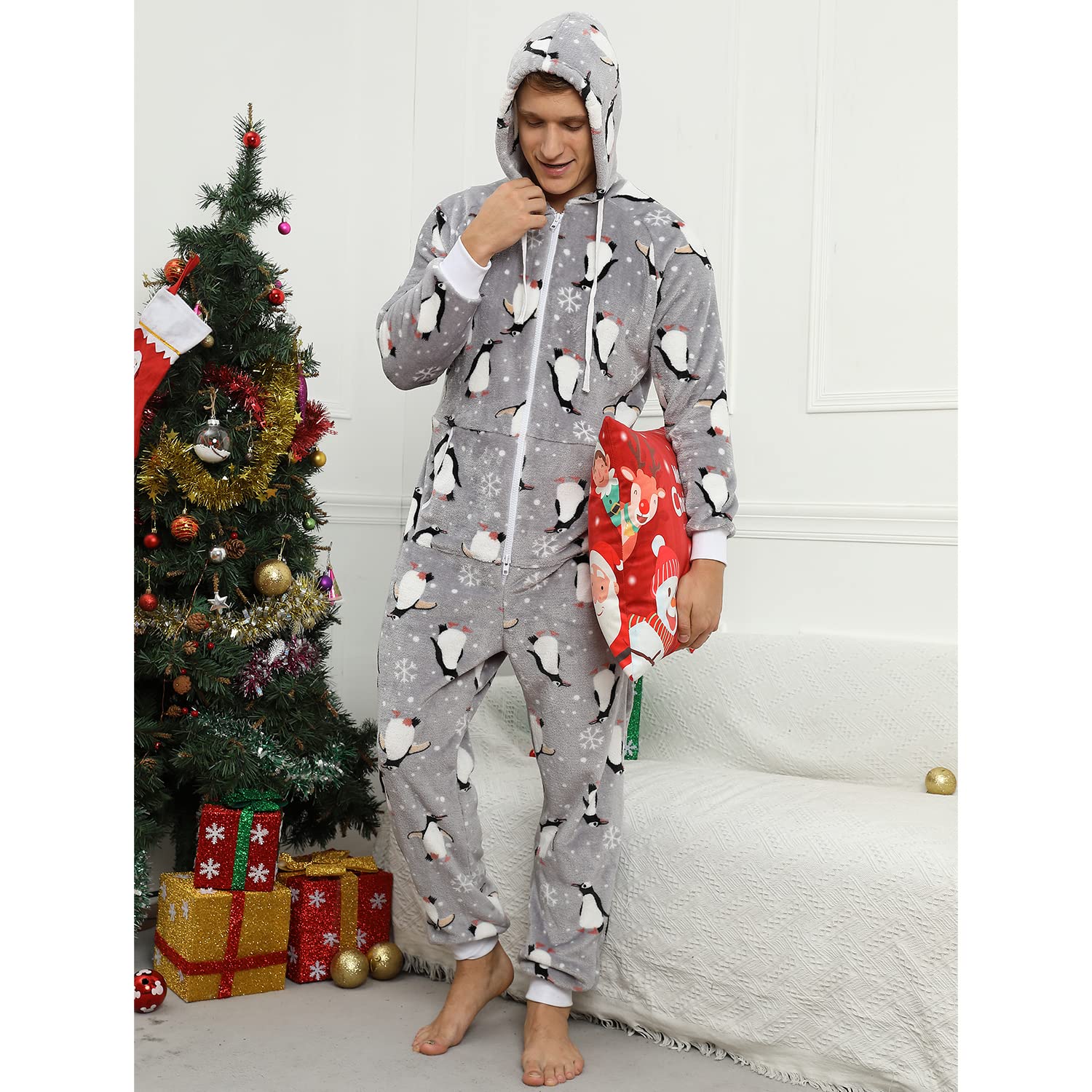 Pijama Navidad Una Pieza Hombre Franela Pijamas Mono Entero con Capucha Manga Larga Invierno Calentito Jumpsuit Adulto Onesie Ropa de Casa Dormir