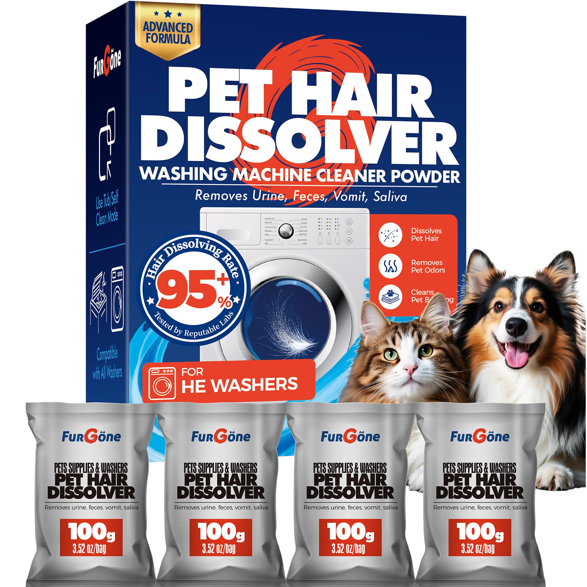 FURGONE Pet Hair Dissolver Washing Machine Cleaner, 95%+ Dissolving Powder
