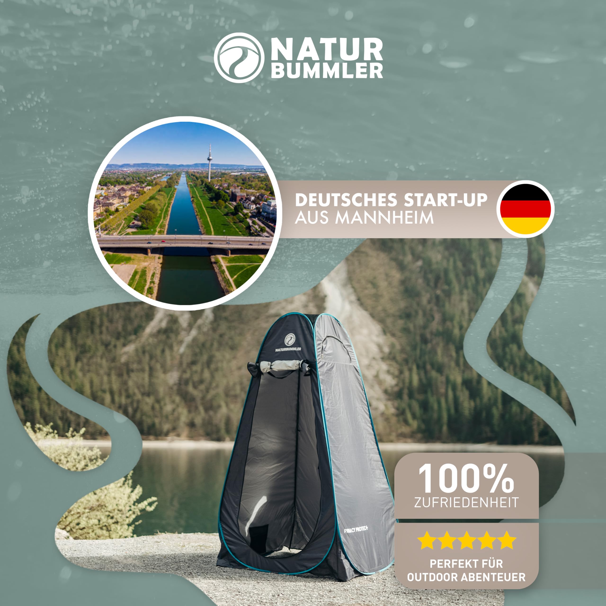 NATURBUMMLER Duschzelt Pop-Up [Privacy Protec+] wasserdicht & Blickdicht mit 5 Taschen & Boden (1,9  m Stehhöhe) – mobiles Toilettenzelt Umkleidezelt Sichtschutz für Camping Strand Outdoor