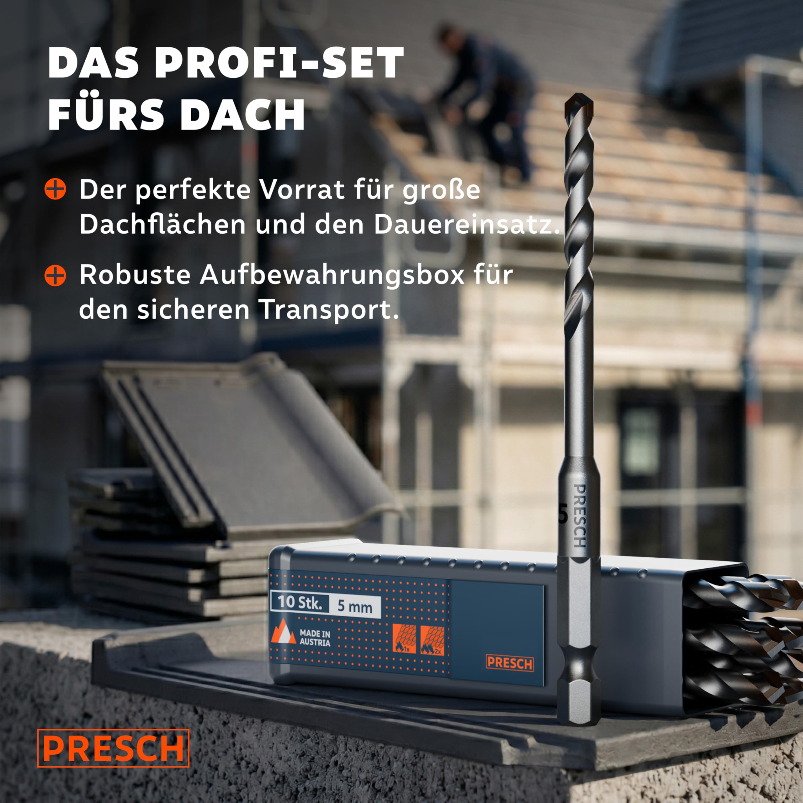 PRESCH Dachziegelbohrer 5mm (10 Stk.) – Rissfreie Bohrungen in härtesten Dachpfannen - Dachpfannenbohrer mit Sechskantschaft & Hartmetallspitze – Extrem robuste Fliesenbohrer, Steinbohrer etc.