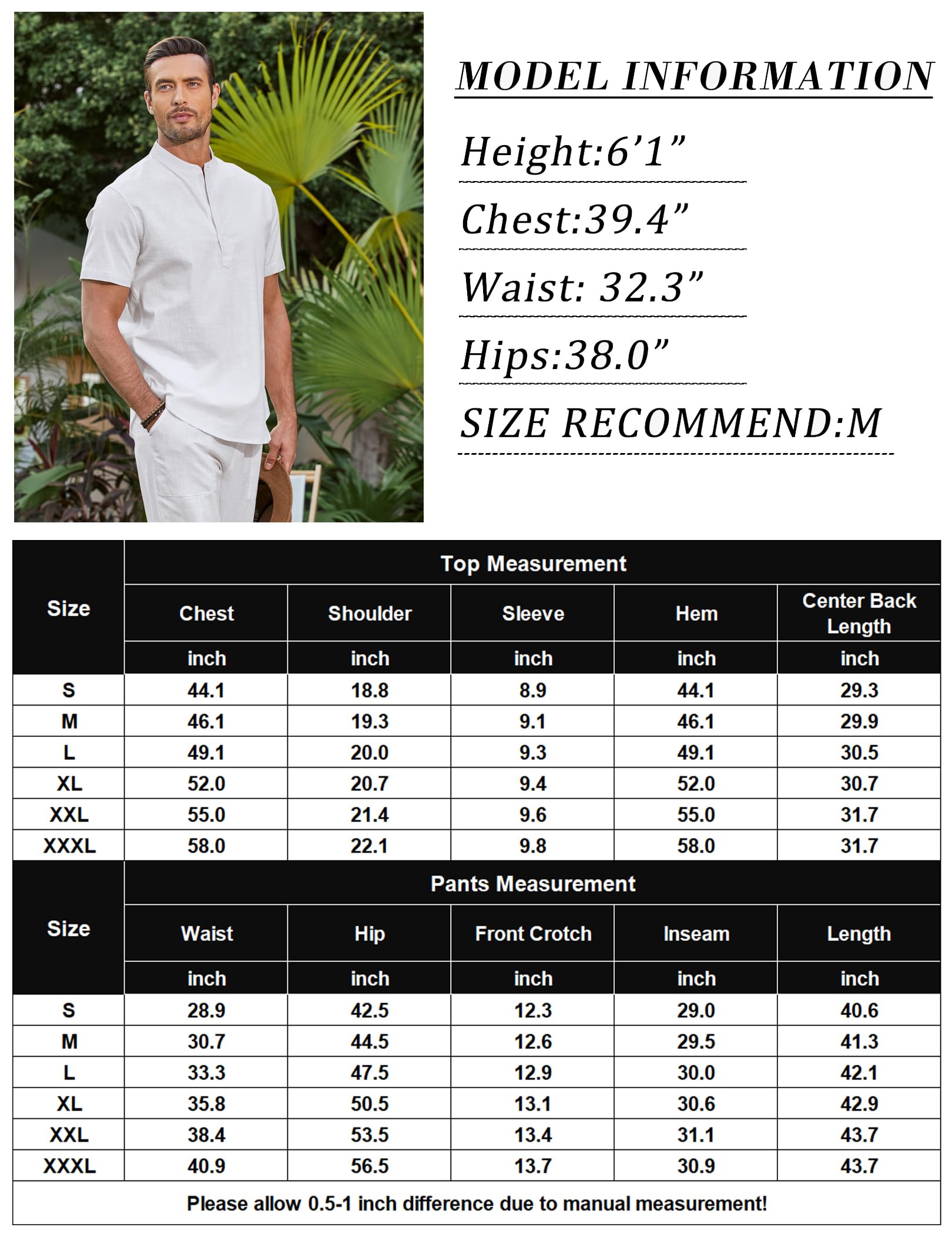COOFANDY 2-teiliges Herren-Set, Baumwolle, lässig, kurzärmelig, Henley-Shirts und Strandhosen mit Taschen, Sommerurlaub-Outfits