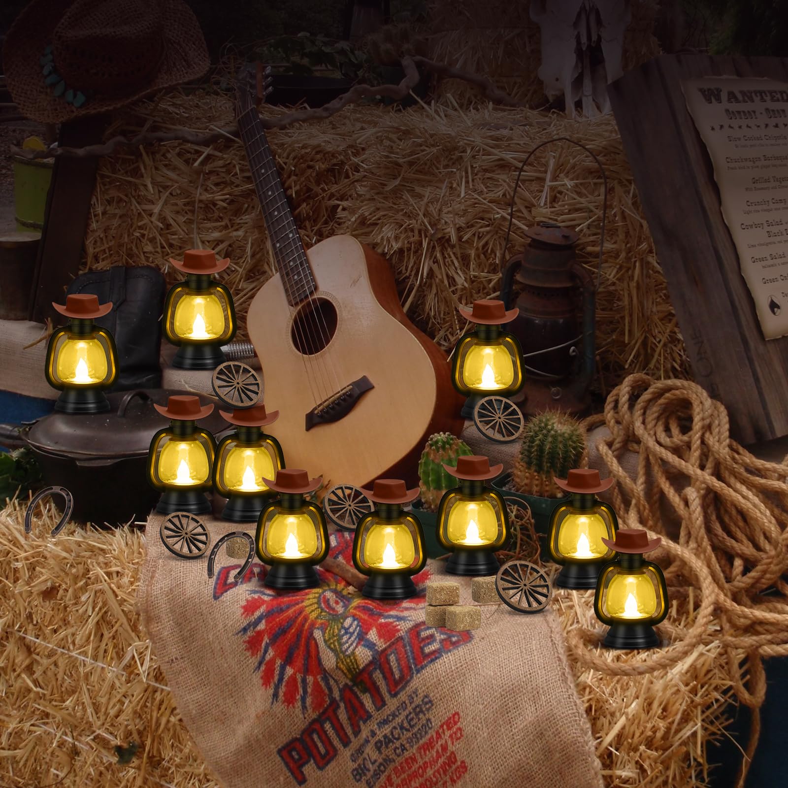 100 piezas de centro de mesa de fiesta temática occidental, decoración de fiesta de vaquero con mini pacas de heno, mini sombrero de vaquero, mini linterna negra, rueda de carro de herradura para