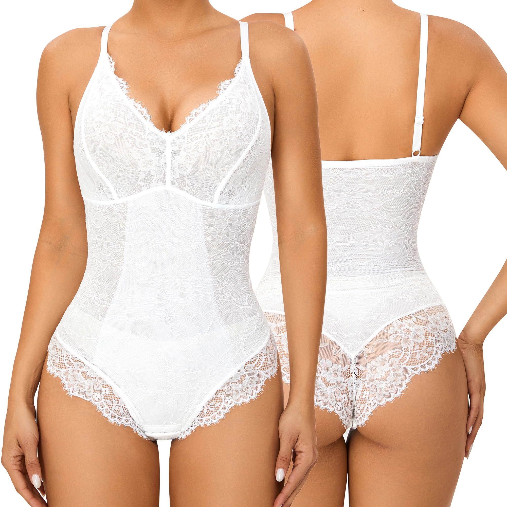 Damen Spitze Shapewear Bauchweg Formende Body Tummy Control Ärmellos Top Bodysuit V-Ausschnitt rückenfrei UnterwäSche