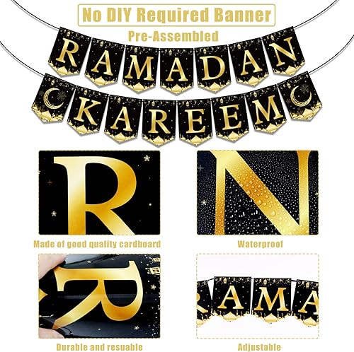 Miniatura 3 de Cartel de Eid Al-Adha para decoración de fiesta, farol de luna negro y dorado, banderines colgantes de Eid Al-Adha, suministros de fiesta para el