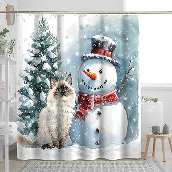 Christmas Ragdoll Cats Shower Curtain Set, Xmas Snowmen Tree Shower Curtain, Pet Bathroom Accessories, Fabric Decorative -72 Inch