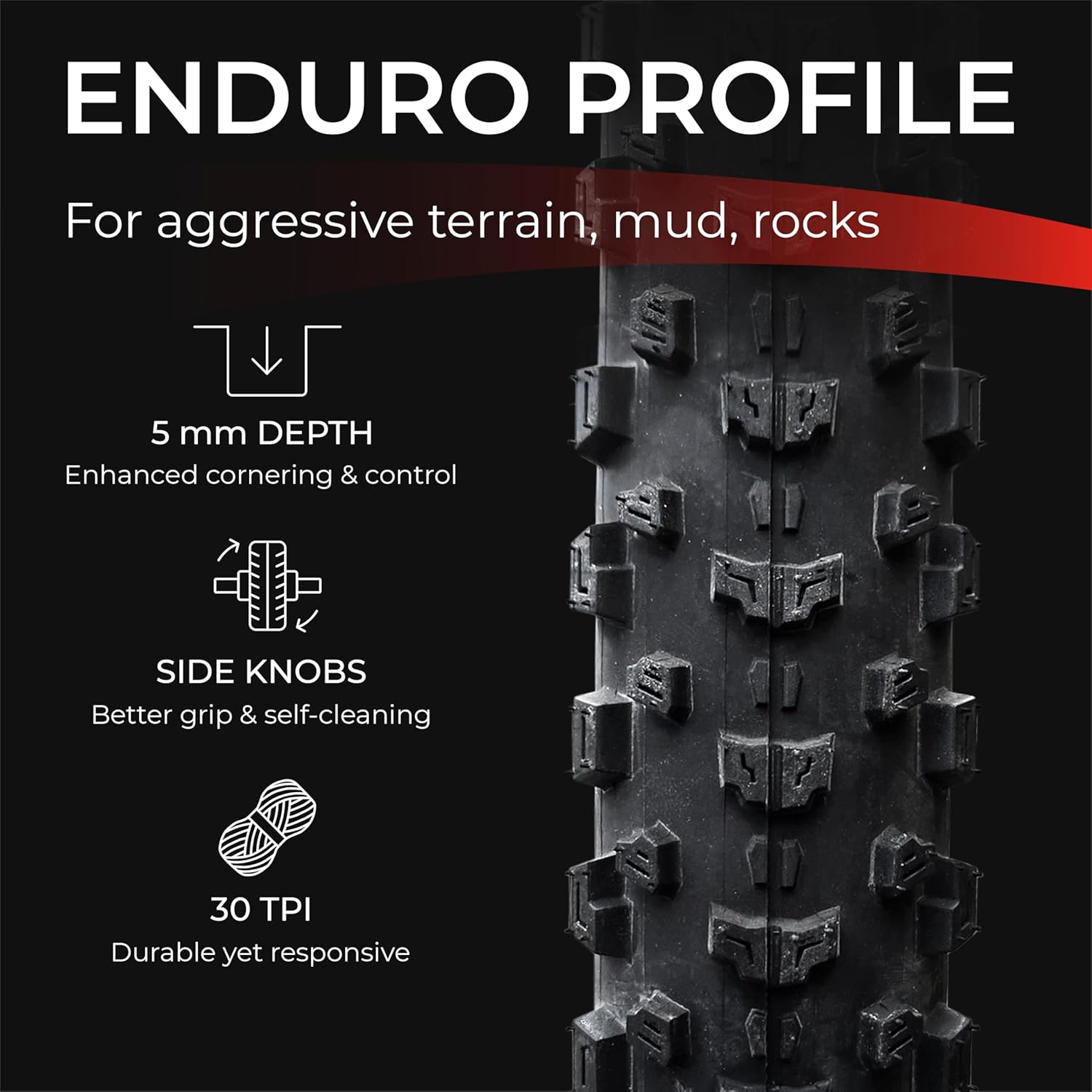 Fincci MTB 26x1.95 Bike Tire - XC Knobby 26 inch Bike Tires - 50-559 Black Foldable Mountain Tires with Kevlar - 26" Wheelset for Electric, Folding, Enduro, Offroad, Hybrid Bikes, MTB Accessories