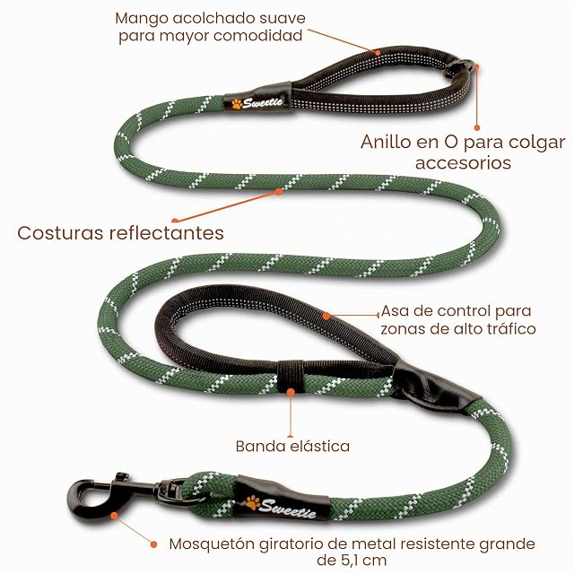 Foto 2 de 8 de Sweetie Correa Perro Cuerda Nylon 1,5 m - Anti Tirones, Doble Asa Bungee, Multiposición