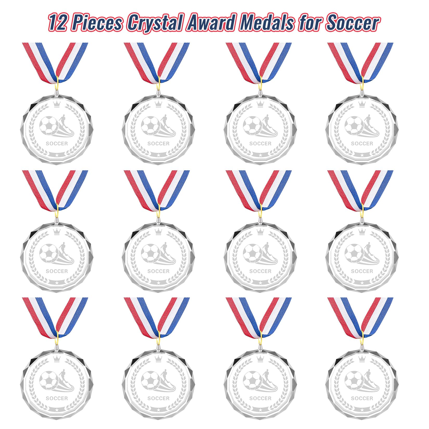 12 Pieces Crystal Award Medals Football Baseball Soccer Basketball Winner Medals, Crystal Medals with Neck Ribbons, Winner Gift Prize Award Medals for Kids Tournaments Match Sports Competition Teams