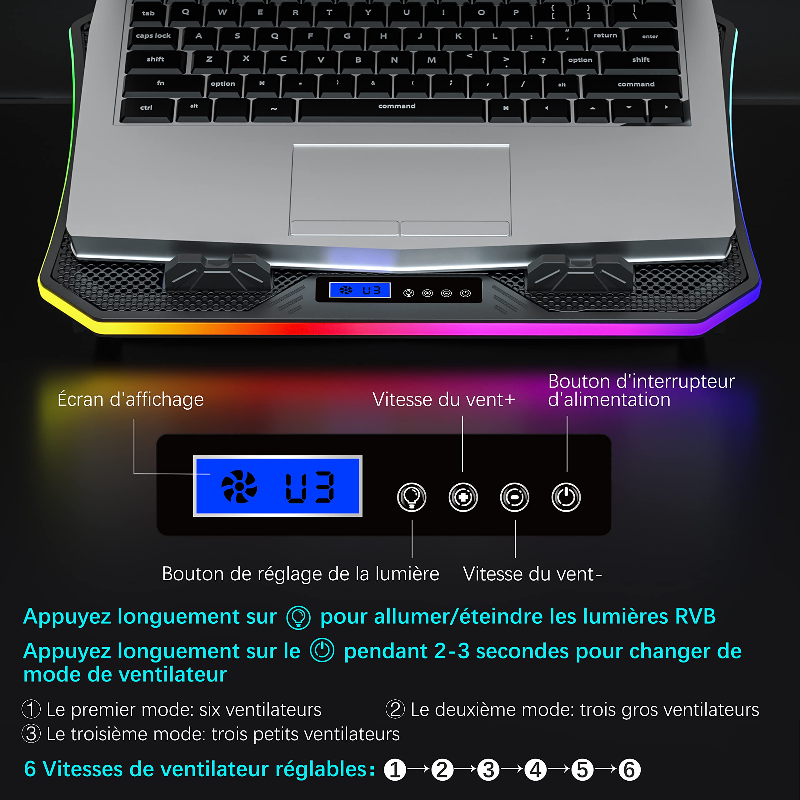 TopMate C12 Ventilateur PC Portable RGB 15,6-17,3" Support Refroidissement 6 Ventilateurs Réglable