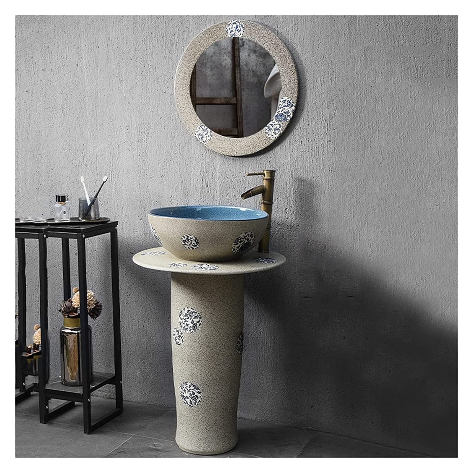WDSOPK Freestanding Pedestal Sink Hotel Art Basin, Bathroom Freestanding, Sink, Kaolin Clay with Drain Installation Hole, for Indoor and Outdoor (A With Mirror)