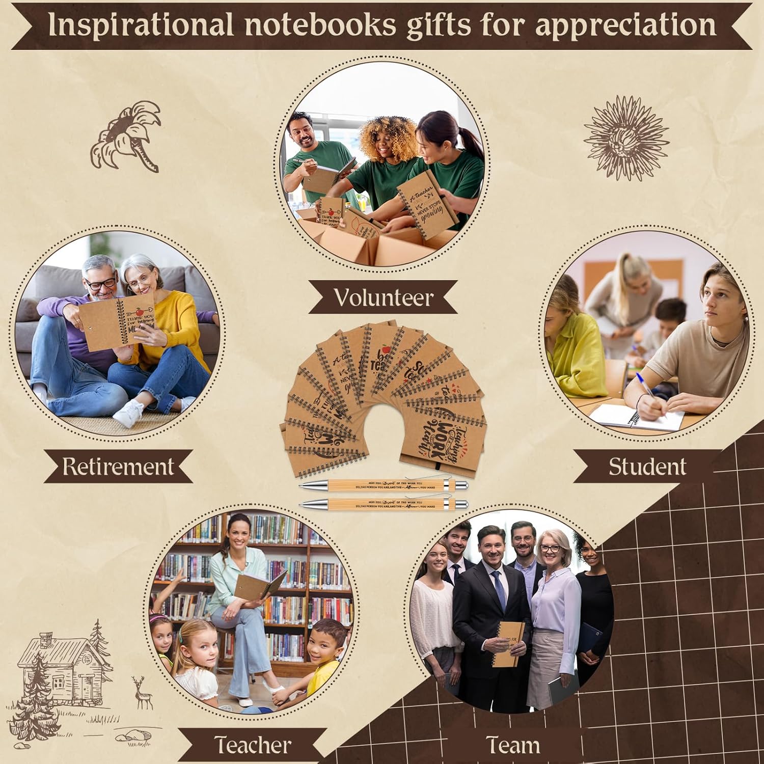 Ctosree Teacher Appreciation Gift Set Motivational Bamboo Pen Teacher Spiral Notebook Inspirational Teacher Pens Teacher Journal Retractable Ballpoint Pen Writing Diary Graduation Gift (60Pcs)