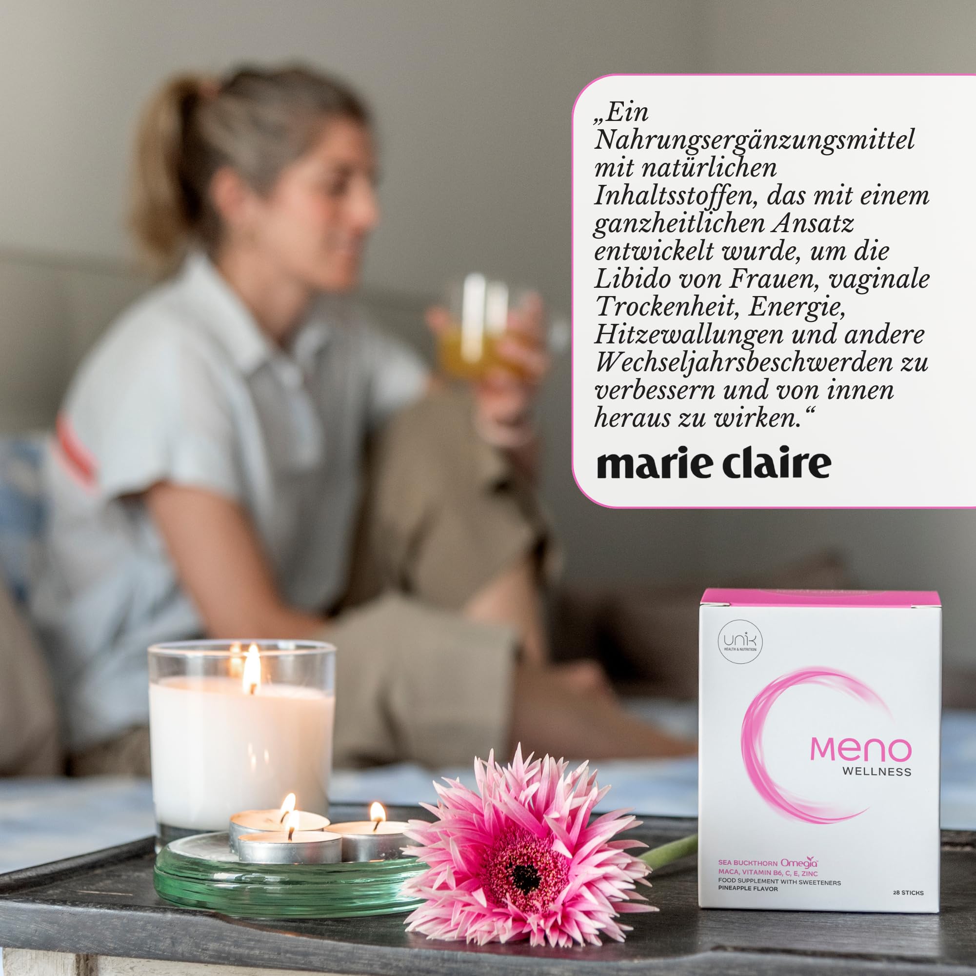 Nahrungsergänzung für die Wechseljahre – Maca, Sanddorn OMEGIA™ + Zink + Vitamin B6 + C + E – Hormonelle Balance & Energie für Frauen – 28 Sticks | UNIK HEALTH