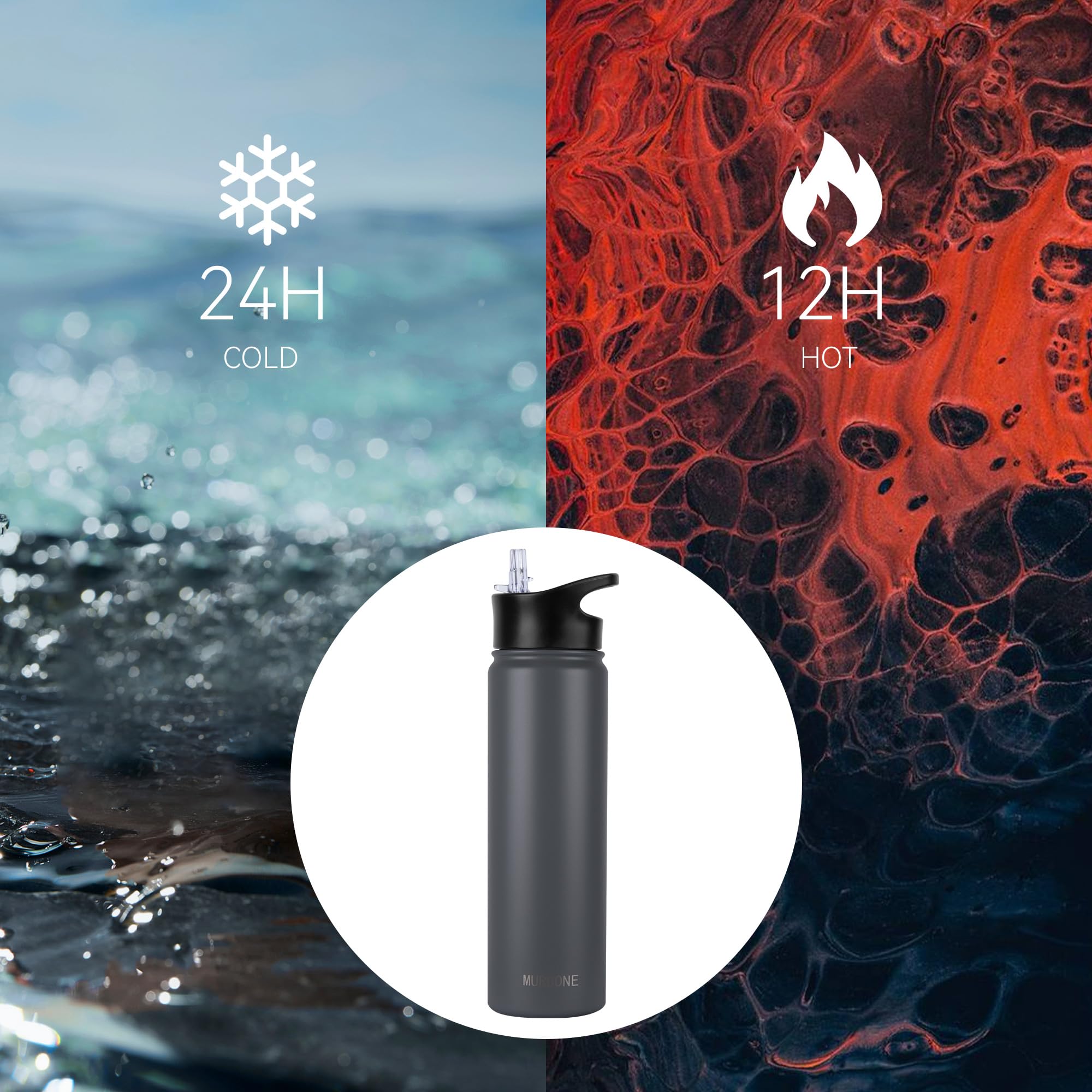 MURBONE Insulated Water Bottle, 750ml Stainless Steel Drink Flask with Straw, BPA Free, 2 Lids (Straw Lid and Spout Lid) - Image 2