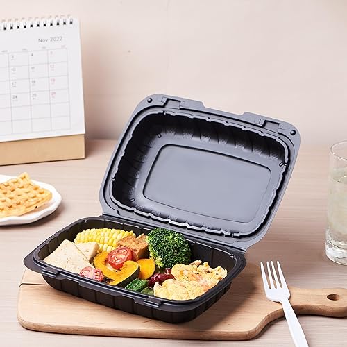 Miniatura 31 de Paquete de 50 bandejas de plástico de 8 x 8 pulgadas, 3 compartimentos, bandejas de comida para llevar, caja desechable Togo resistente para pasta