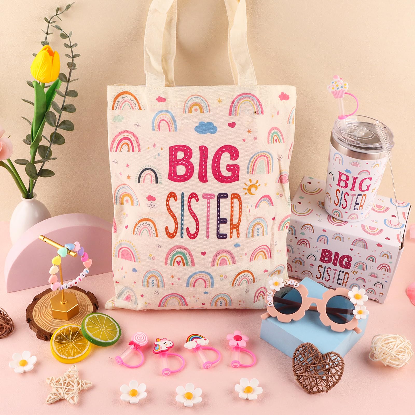 12PCS Big Sister Gifts Set for Girls,12oz Stainless Steel Tumbler With Leakproof Lid and Straw,Cute Silicone Toppers，Sunglasses Bracelet,Canvas Tote Bag for Little Girls Gift Box Set