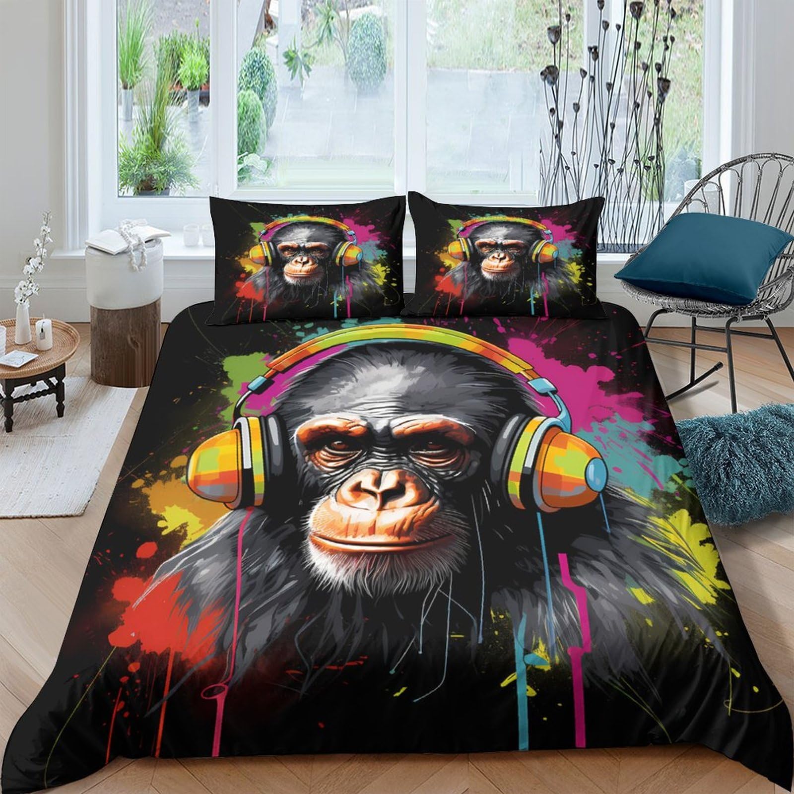 Ctjqhvkz Style-8 3D Printed Headphone Chimp Fitted Sheet Microfiber Soft Vibrant Graffiti Art Mattress Cover For Bedroom Decor Single（135X200cm）