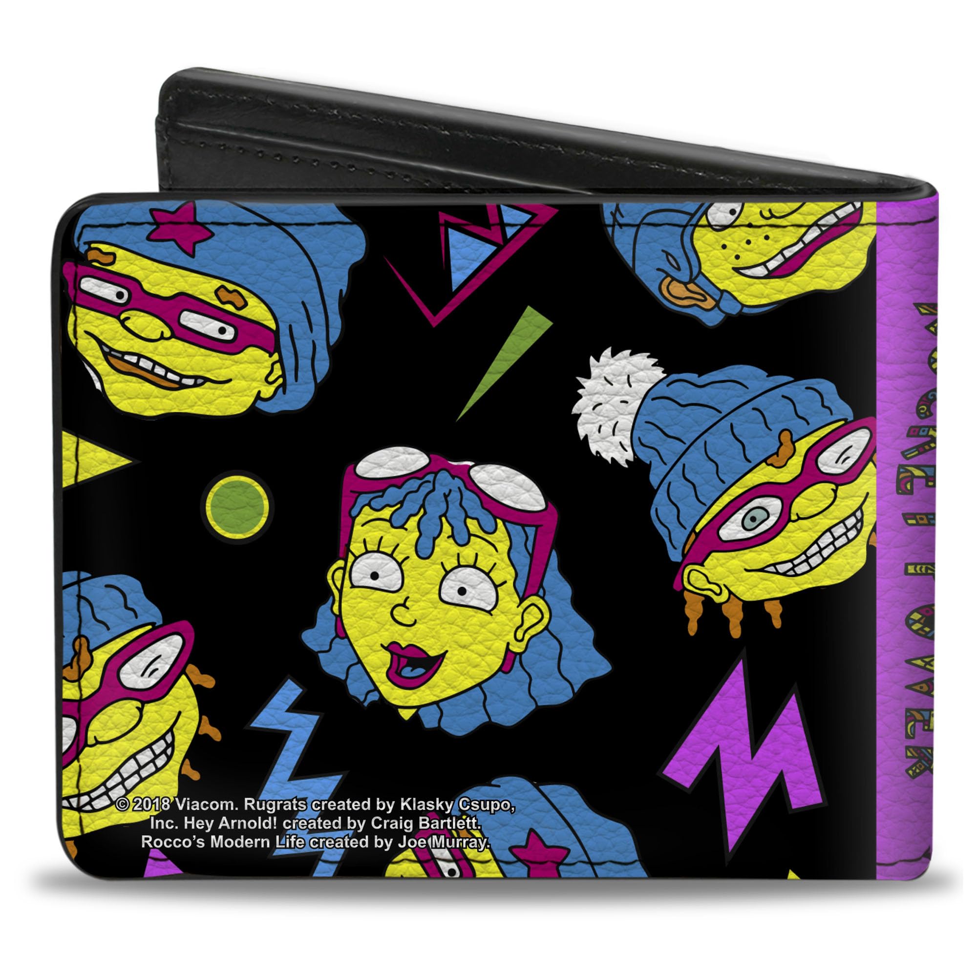 Buckle-Down Men's Nickelodeon Wallet, Bifold, Rocket Power Character Faces Scattered Black Multi Neon, Vegan Leather, 4.0