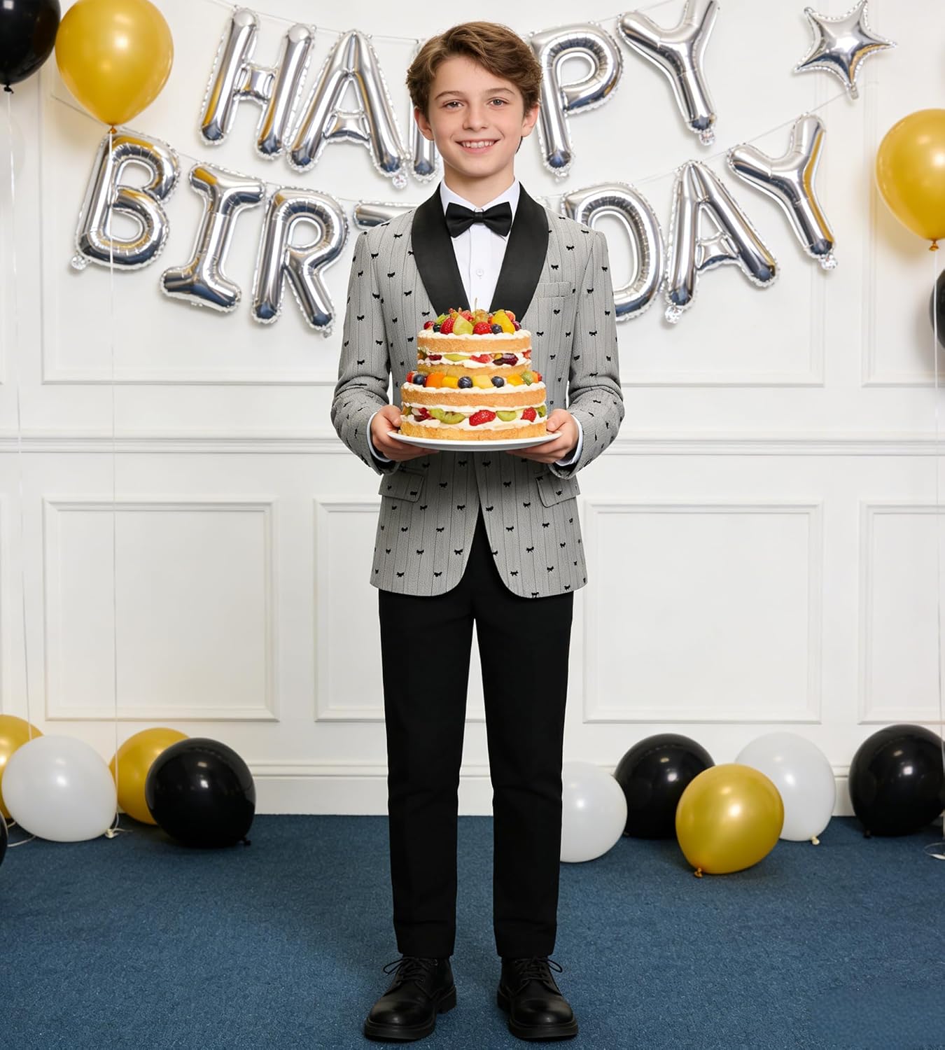 Boys Blazer Kids Suit Jacket Slim Fit Christmas Party Tuxedo Toddler Casual Bow Tie Patterned Sport Coat Teen Prom Dress - Image 3