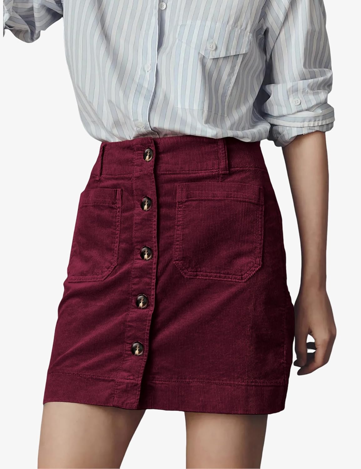 Dqbeng Women's Corduroy Mini Skirt High Waist Button Front A-Line Short Skirt with Pockets - Image 3