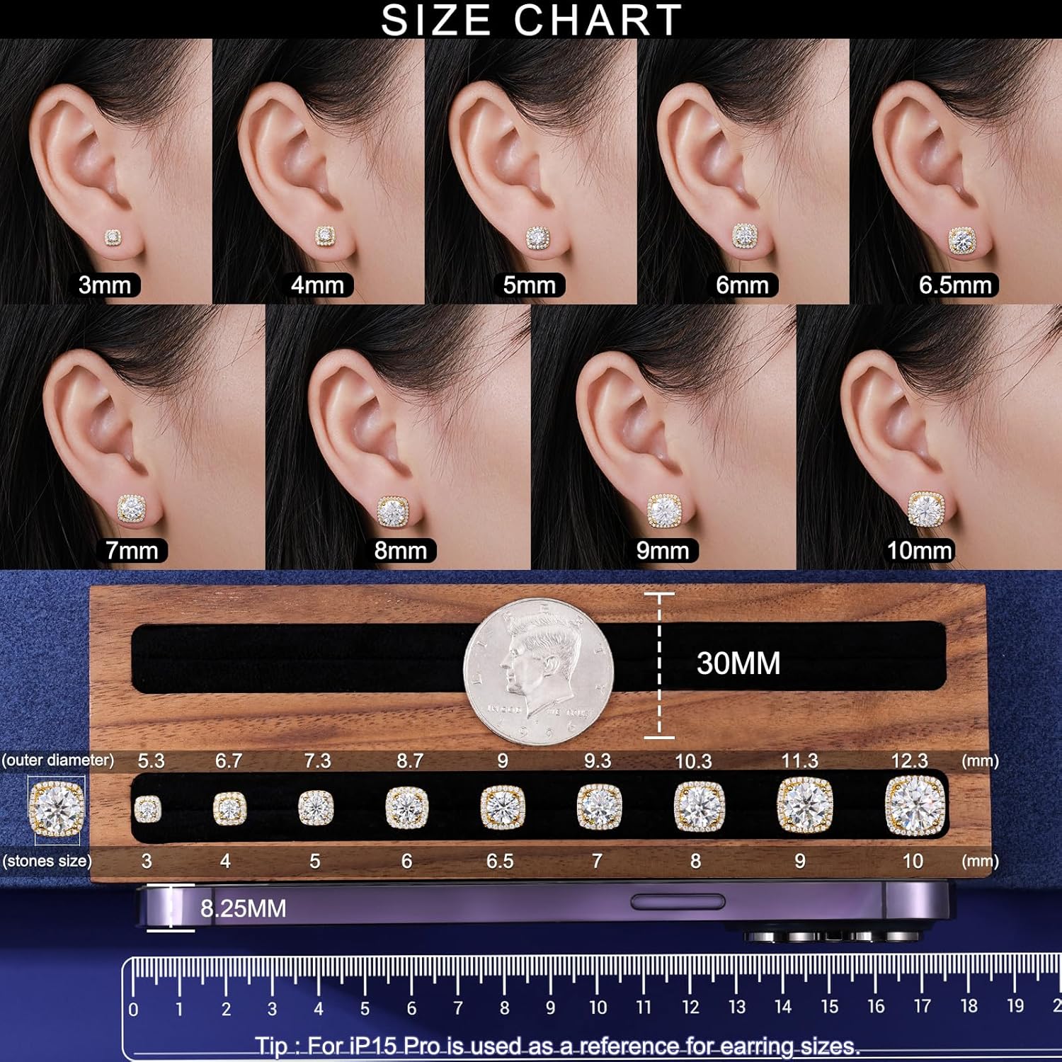 Moissanite Halo Square Stud Earrings Screw Back 925 Sterling Silver Lab Brilliant D Color VVS1 Clarity Hypoallergenic Earrings for Women Men - Image 3